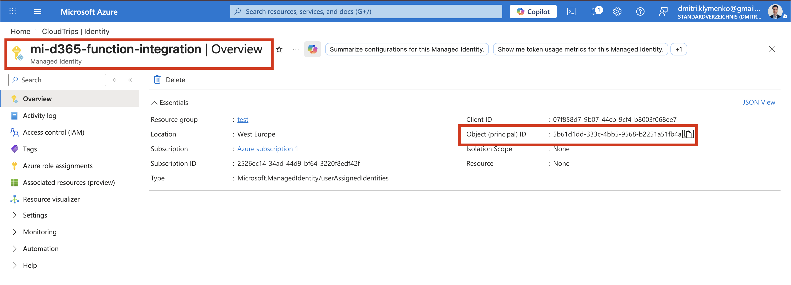 Azure or Microsoft Entra view showing the managed identity principalId value