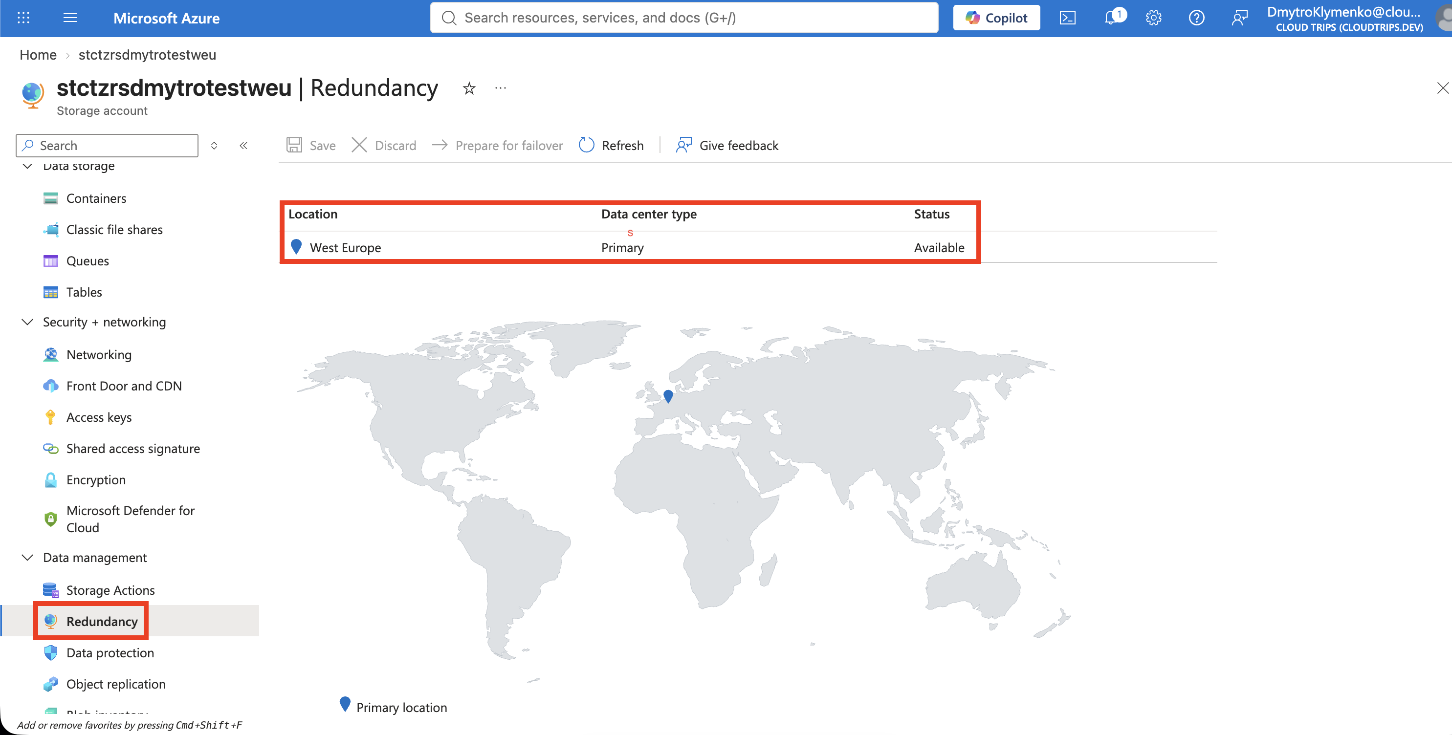 Redundancy page of the ZRS account showing zone-redundant storage in the primary region