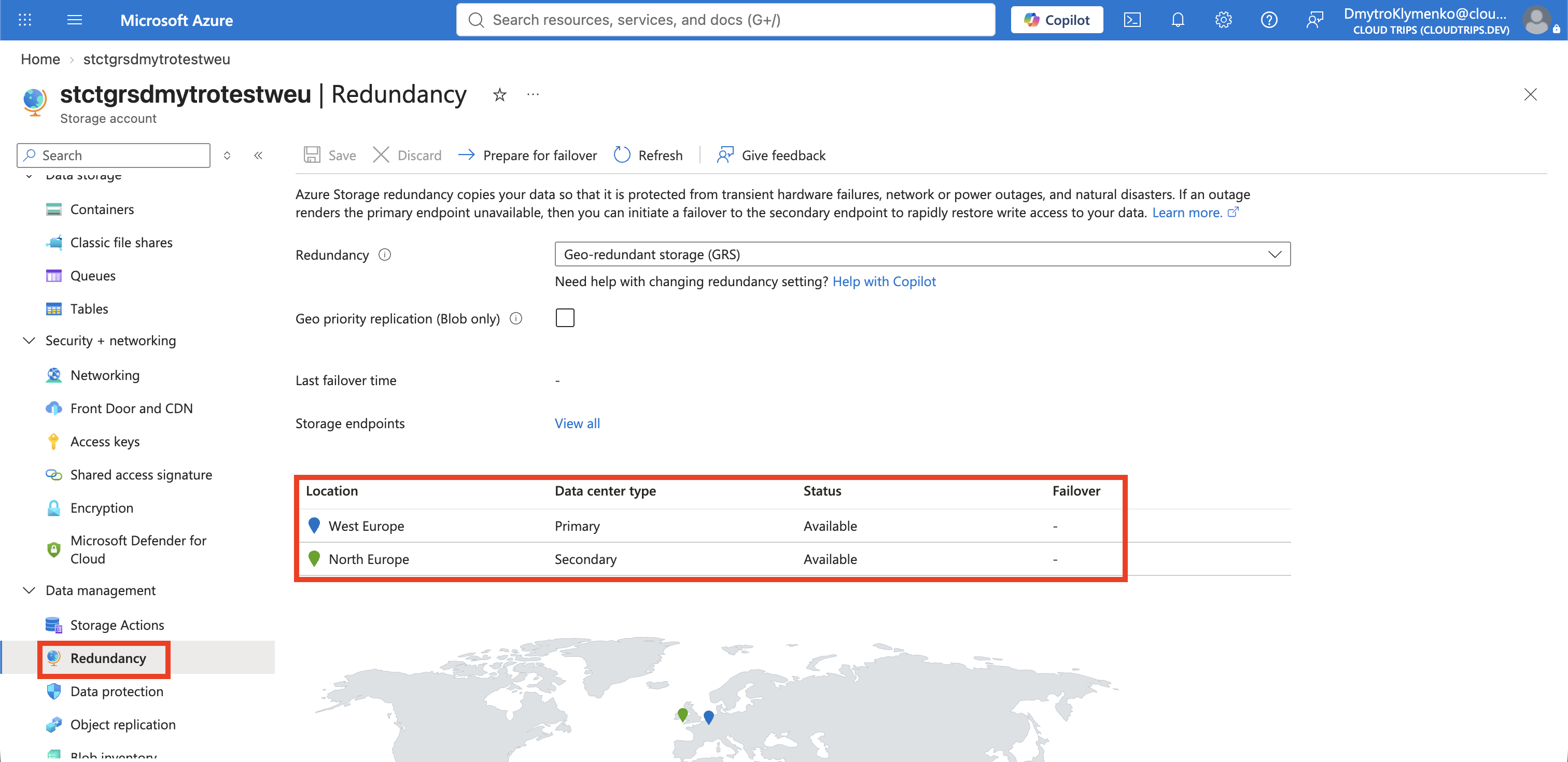 Redundancy page of the GRS account showing primary and secondary regions and replication status