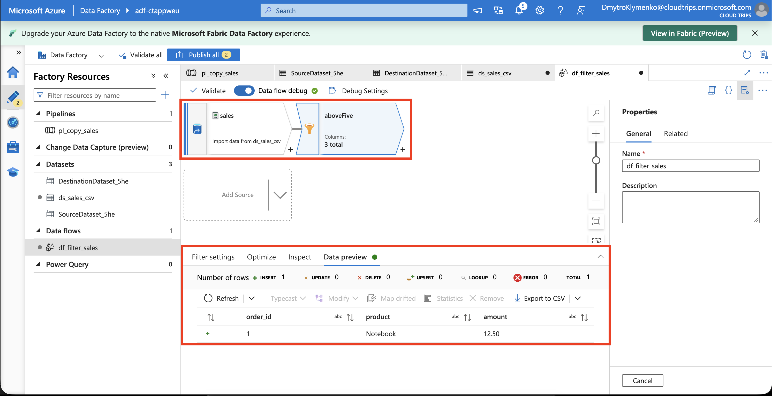 Mapping Data Flow filter with the amount expression and a preview containing only Notebook