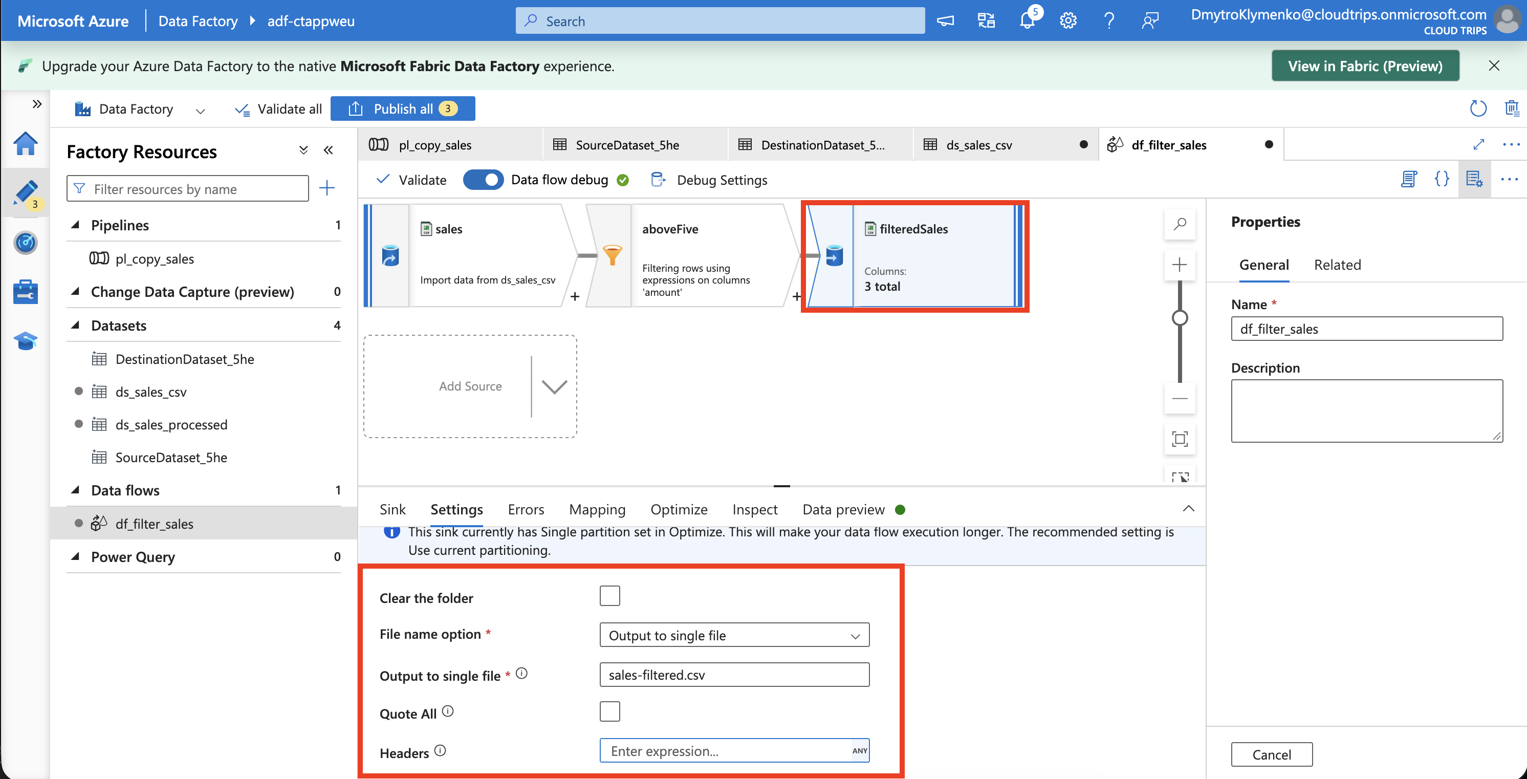 Mapping Data Flow showing sales → aboveFive → filteredSales and the single-file sink setting