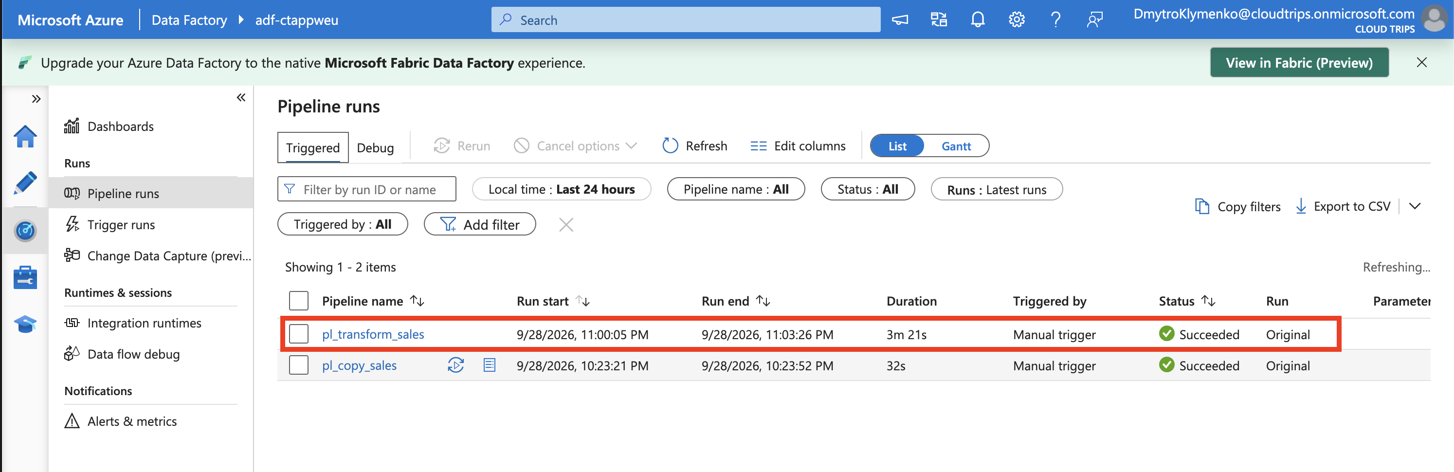 Data Factory Monitor showing pl_transform_sales with status Succeeded