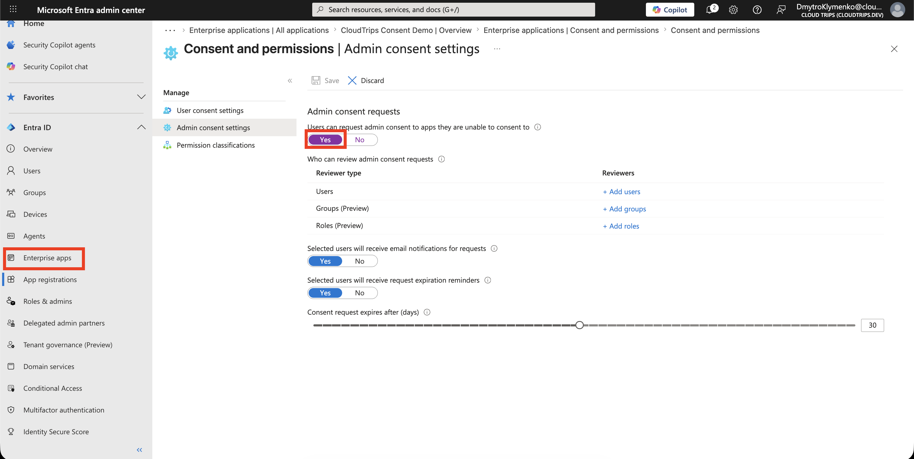 Admin Consent Workflow aktiviert mit ausgewaehltem Reviewer