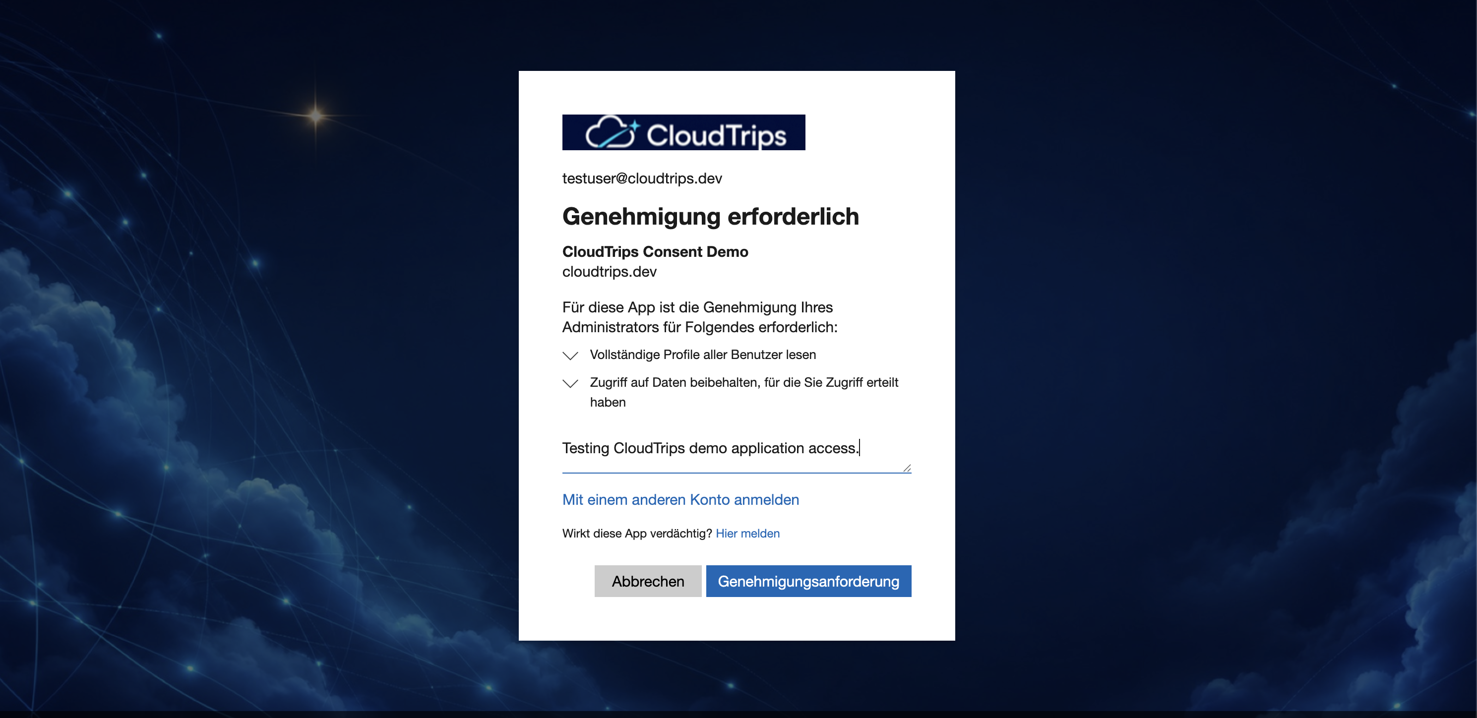 User Consent Prompt mit Option zum Anfordern von Genehmigung