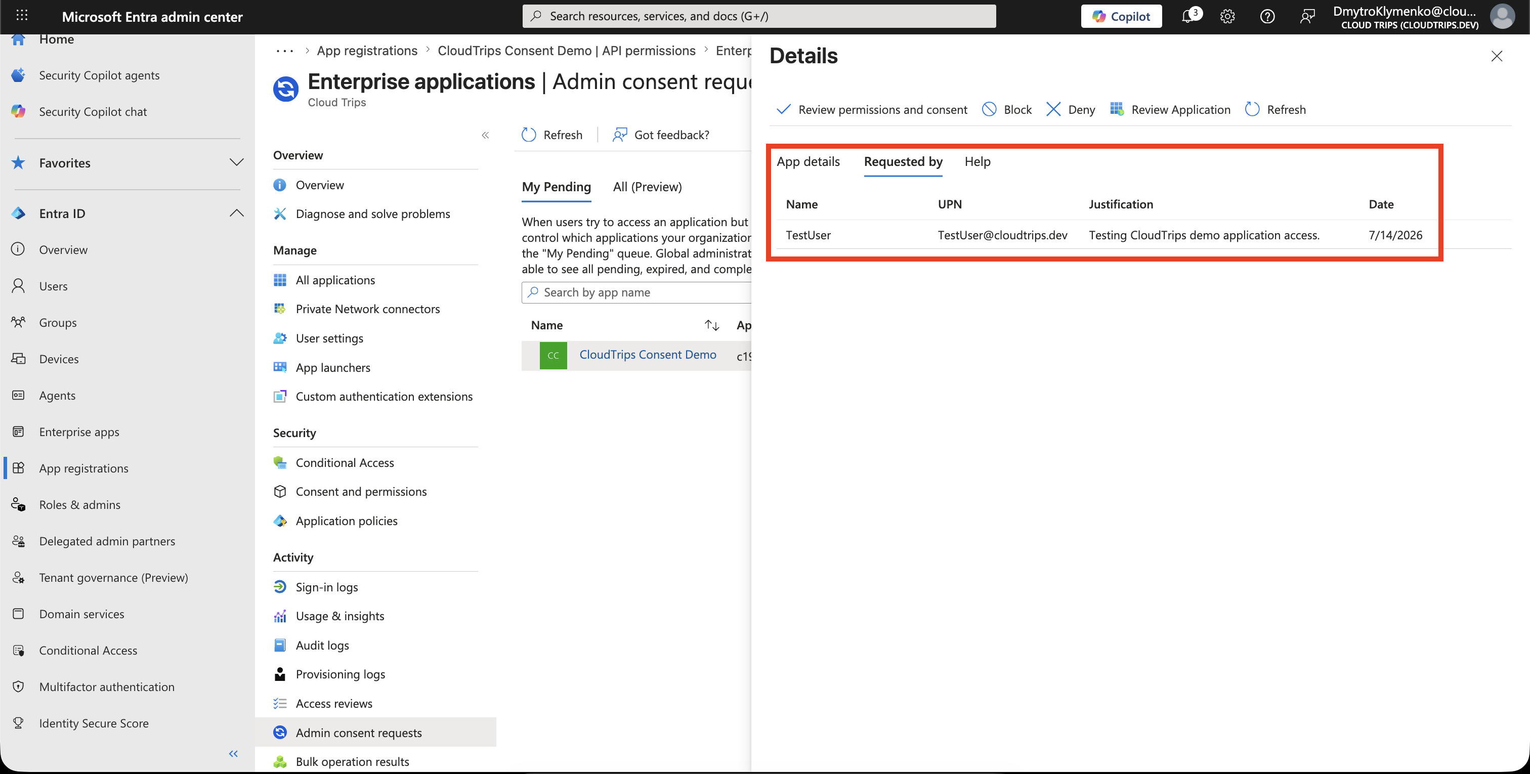 Admin Consent Request Details mit angeforderten Berechtigungen