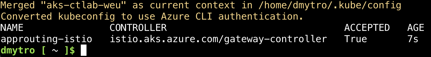 Cloud Shell showing the accepted approuting-istio GatewayClass.