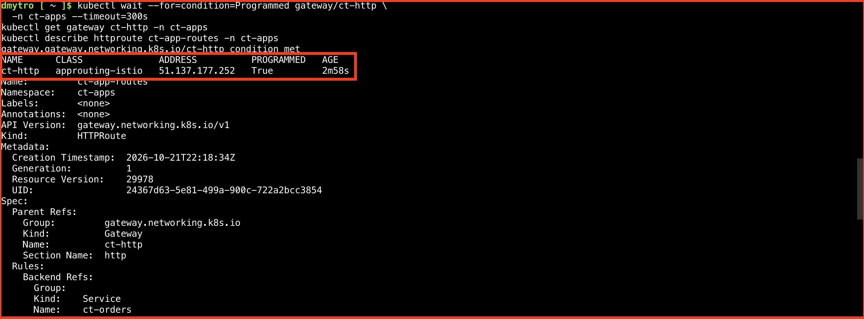Gateway and HTTPRoute status showing successful programming and accepted backend references.