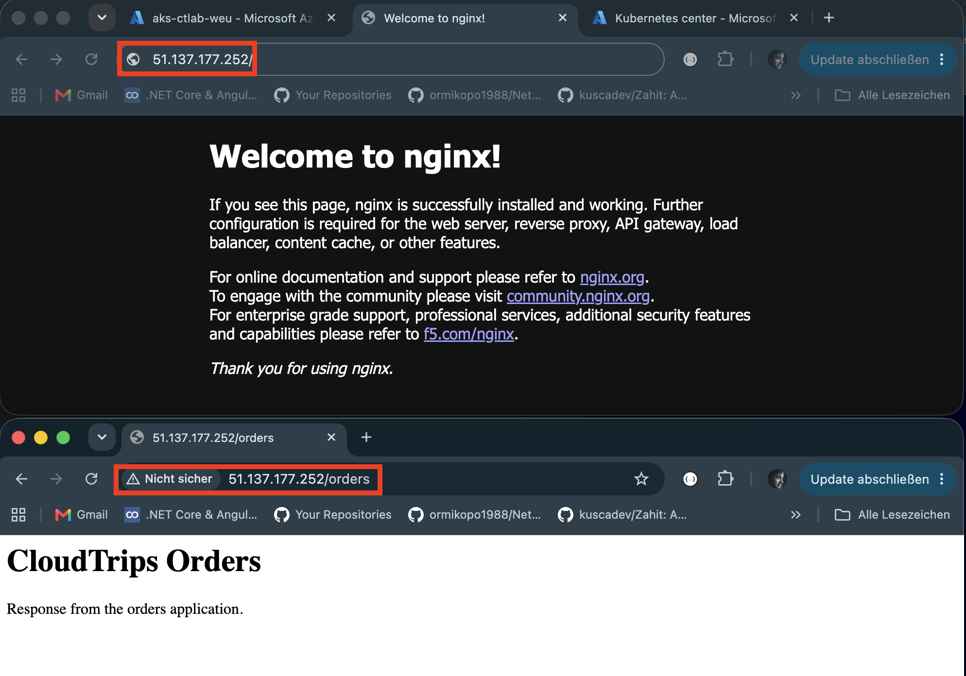 Browser displaying CloudTrips Orders at the gateway IP with path /orders.