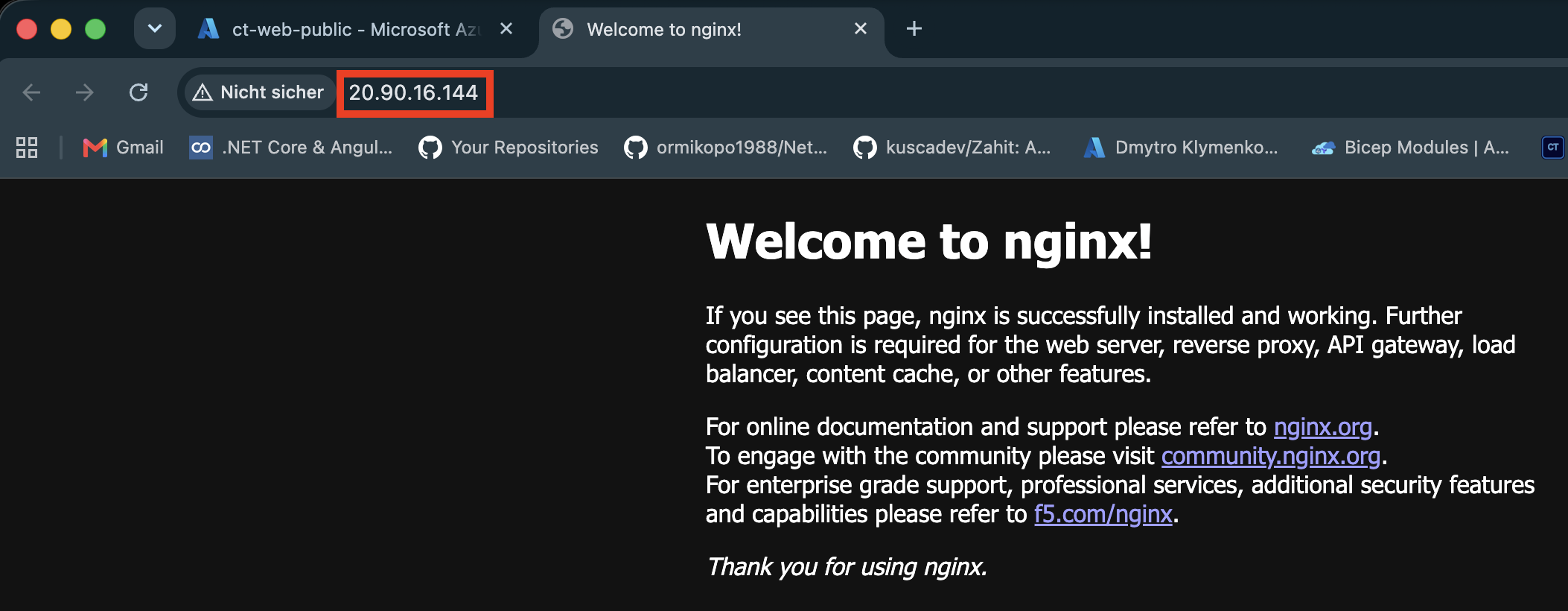 Browser mit der NGINX-Willkommensseite über die öffentliche Service-IP.
