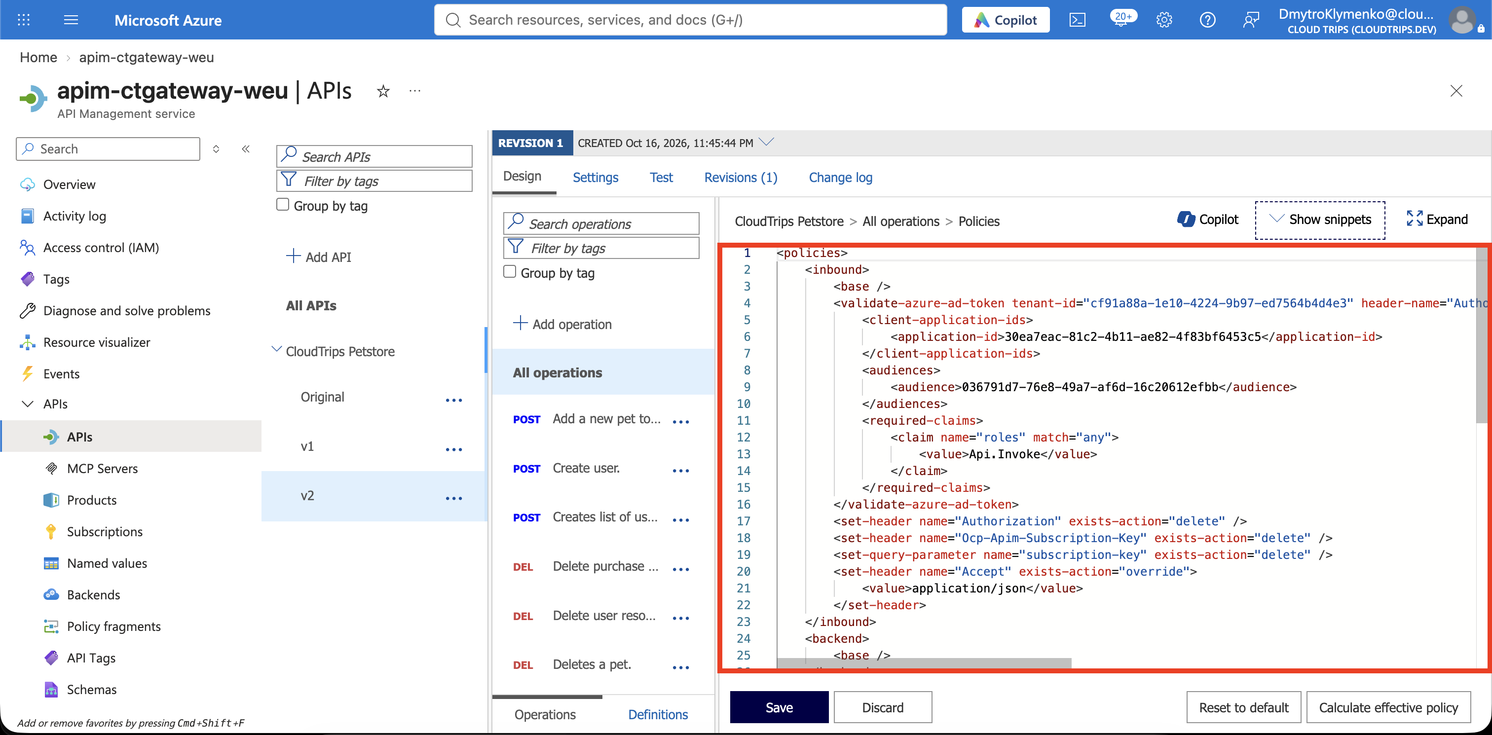 v2 All operations policy with validate-azure-ad-token, the API audience, and required Api.Invoke role.