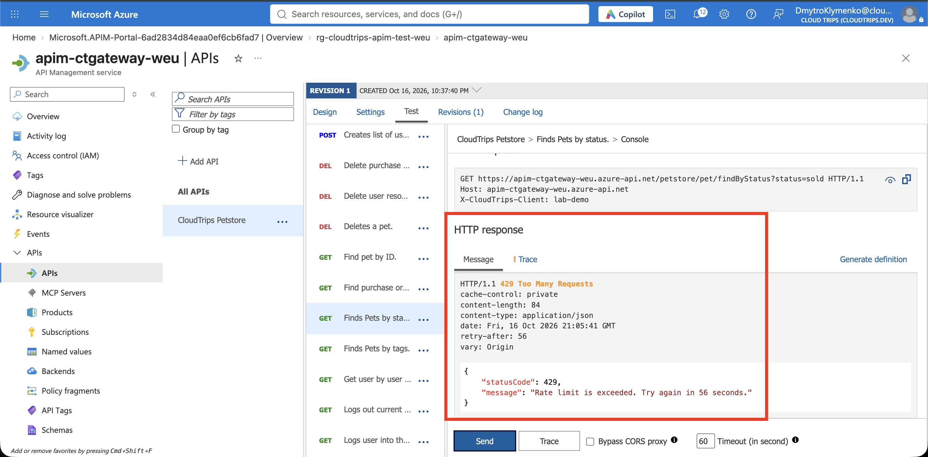 APIM test console returning HTTP 429 Too Many Requests with the Retry-After header.
