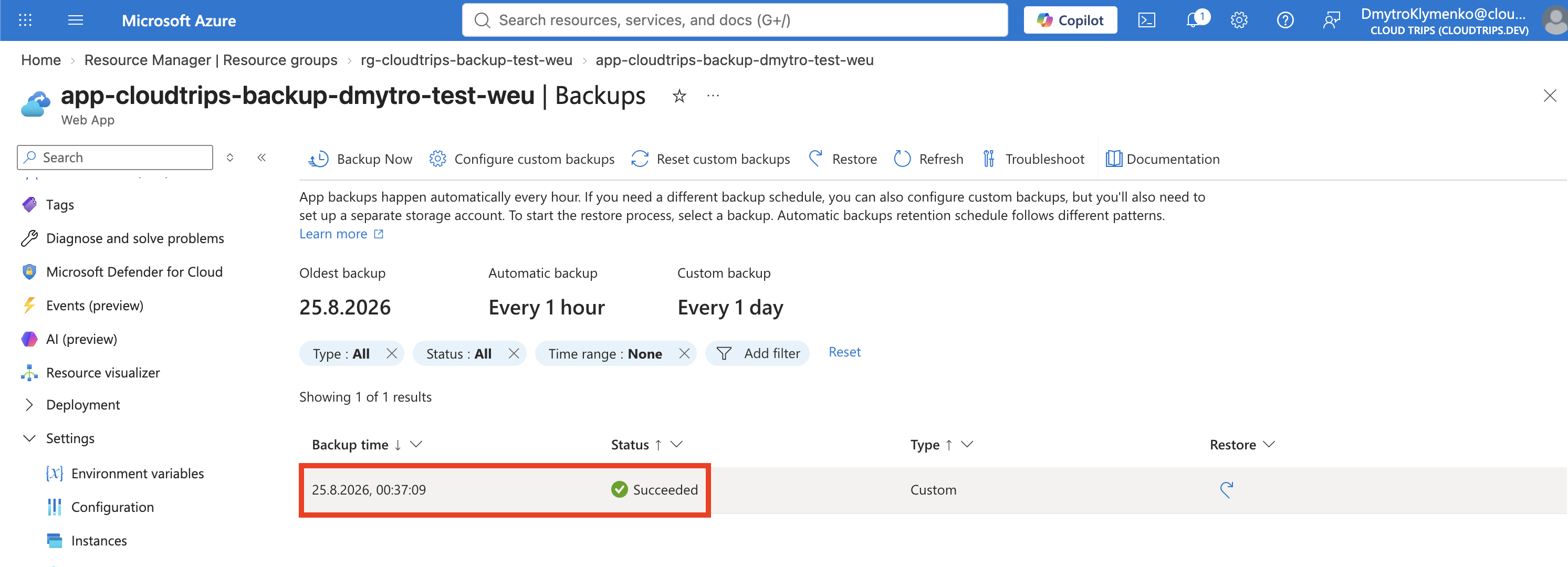 App Service Backups mit dem abgeschlossenen On-Demand-Backup im Status Succeeded
