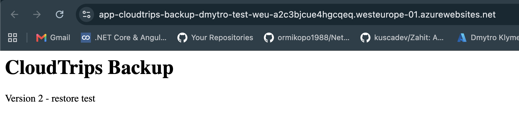 Browser mit Version 2 vor dem Wiederherstellungstest