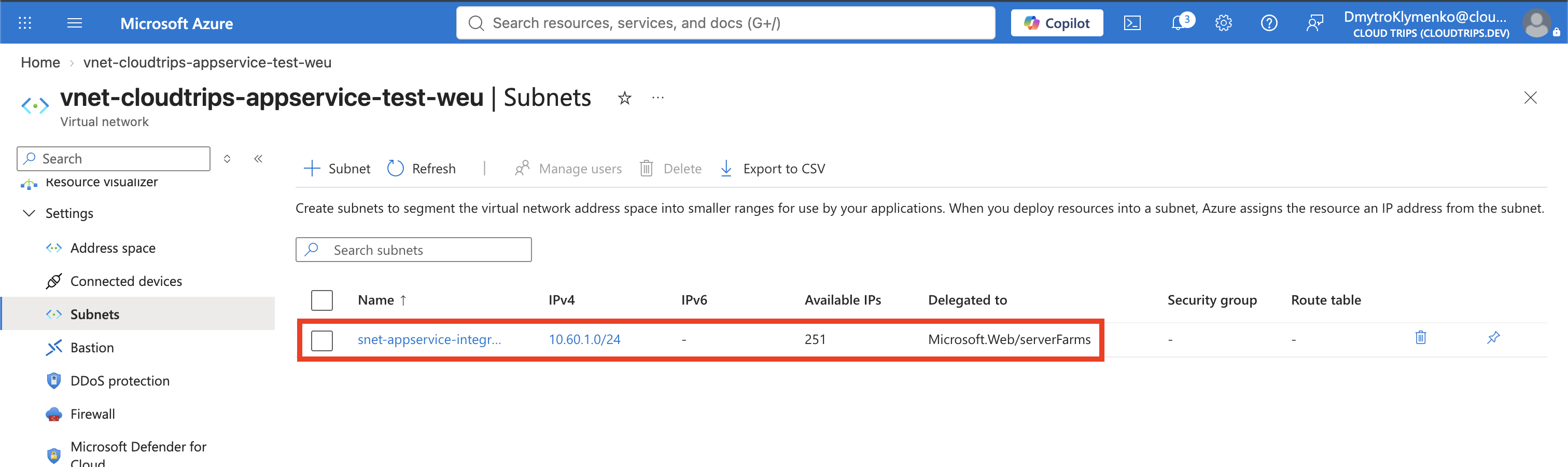 Virtuelles Netzwerk mit dediziertem App-Service-Integrationssubnetz und Microsoft.Web/serverFarms-Delegierung