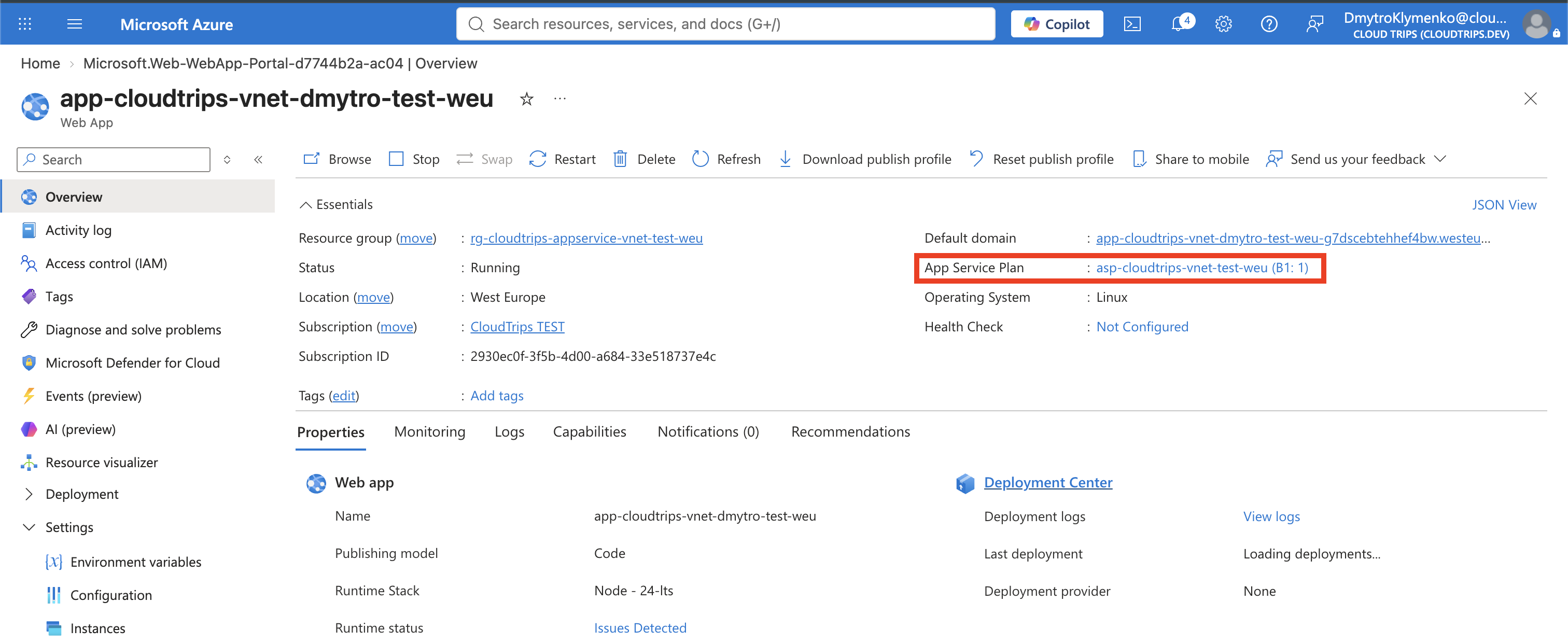 Create Web App mit der Linux-App im App-Service-Plan Basic B1