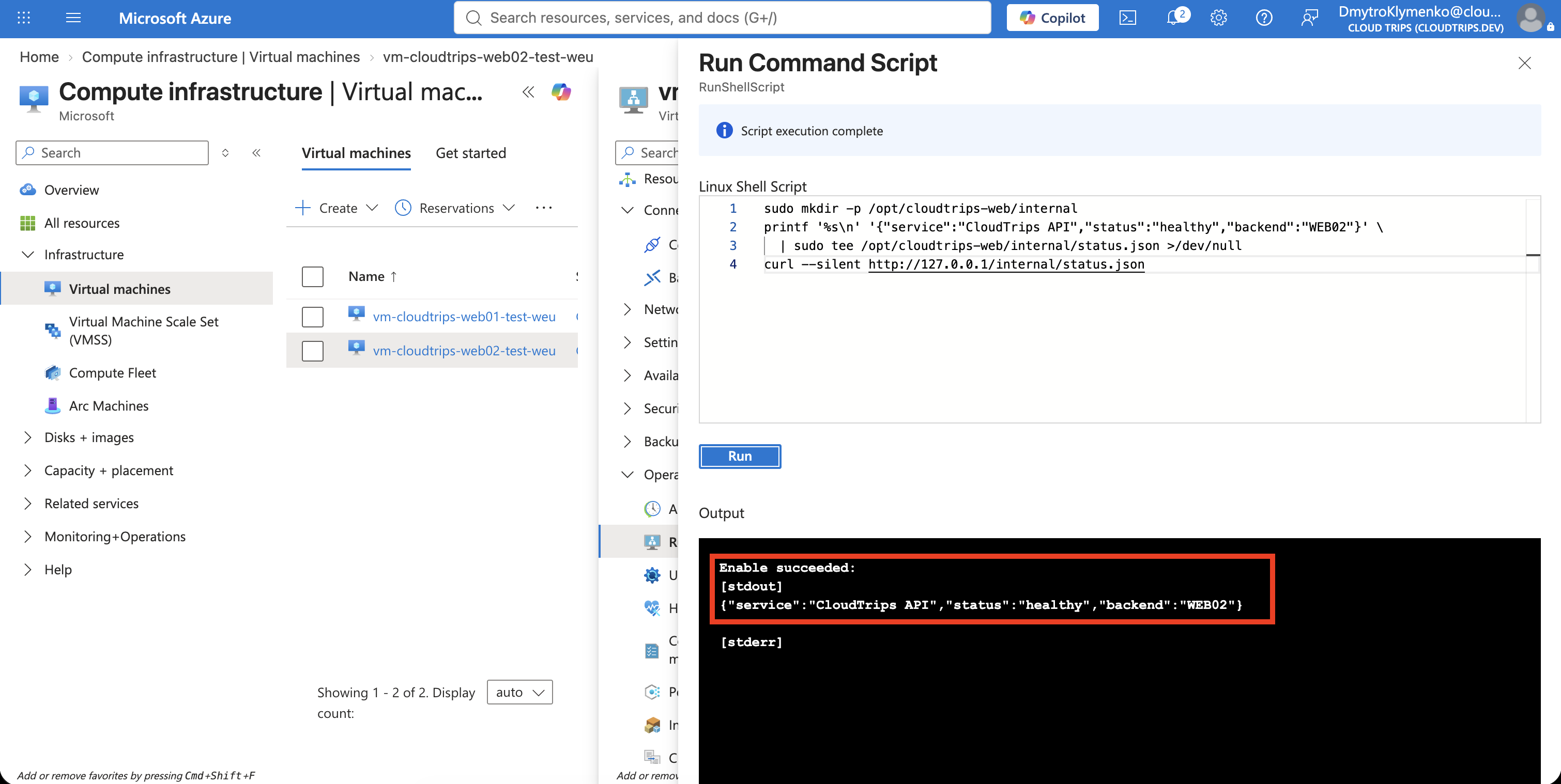 Azure-VM-Run-command-Ausgabe mit der internen CloudTrips-API-Health-Antwort auf WEB02