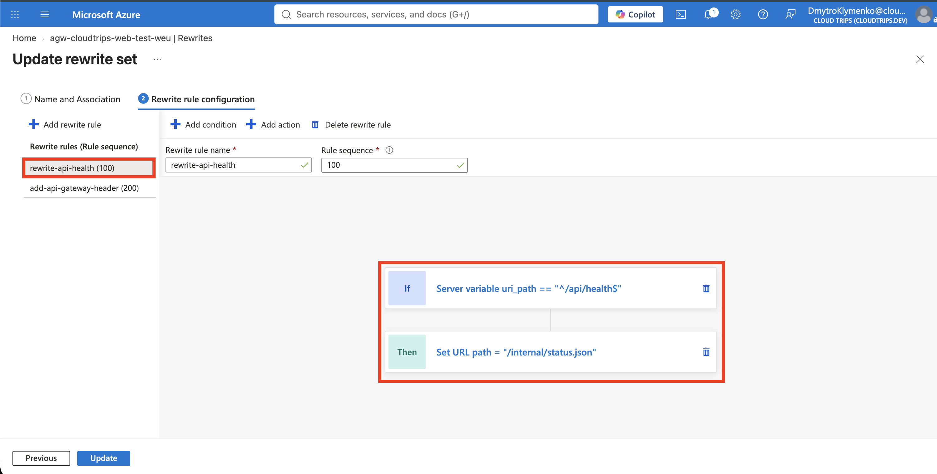 Erste Regel im Application-Gateway-Rewrite-Set mit API-Health-Bedingung und Aktion für den internen URL-Pfad