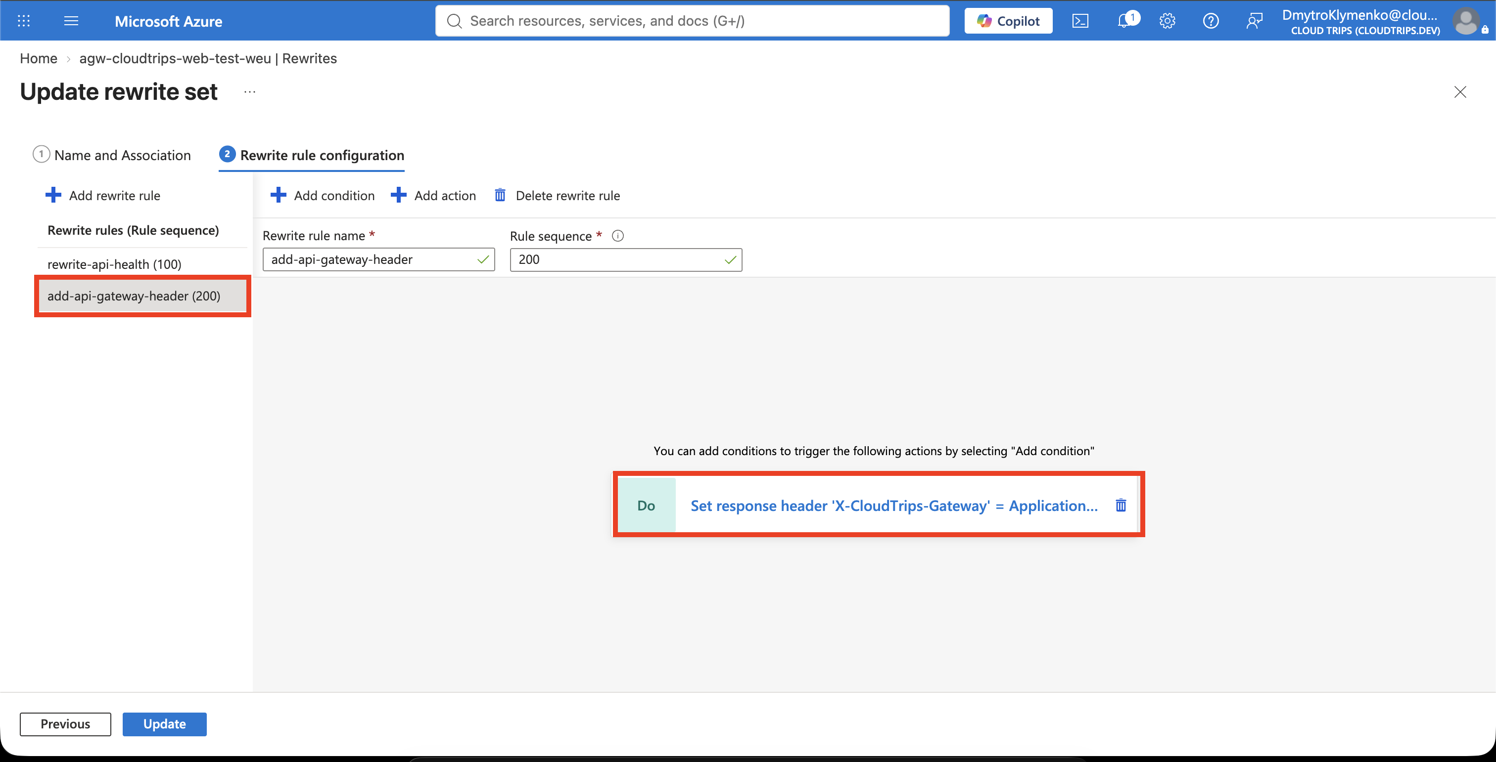 Zweite Regel im selben Application-Gateway-Rewrite-Set mit der separaten API-Response-Header-Aktion