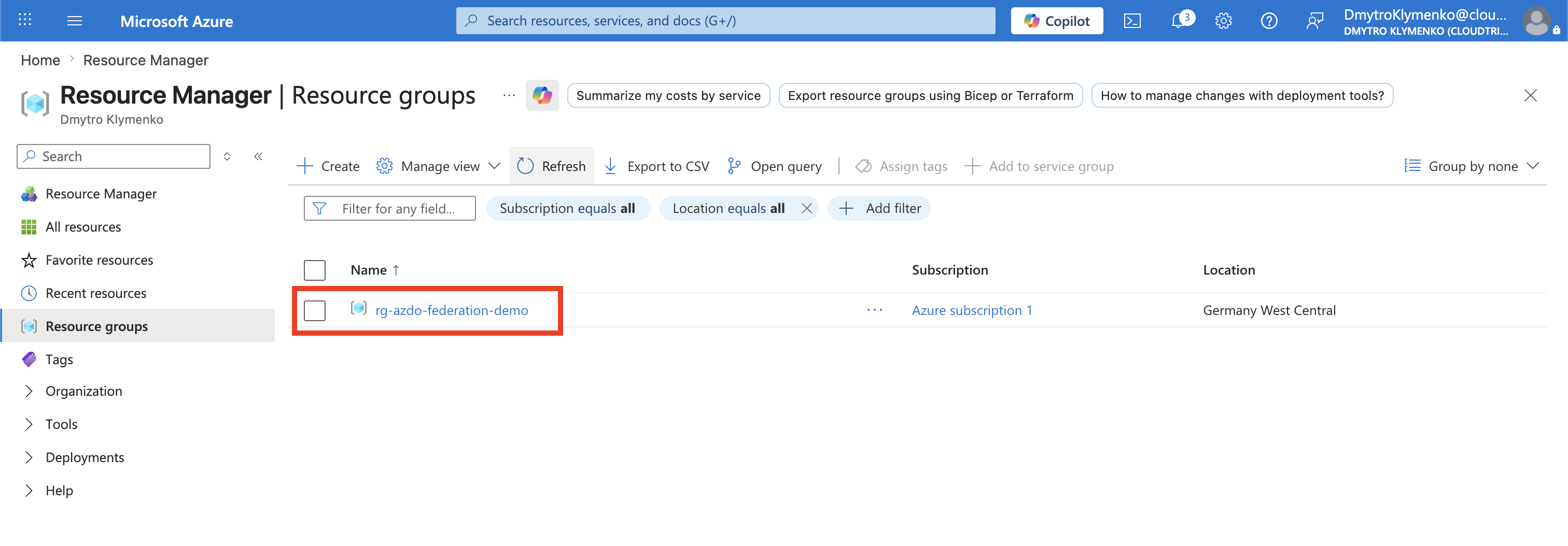 Azure resource group overview for the federation demo