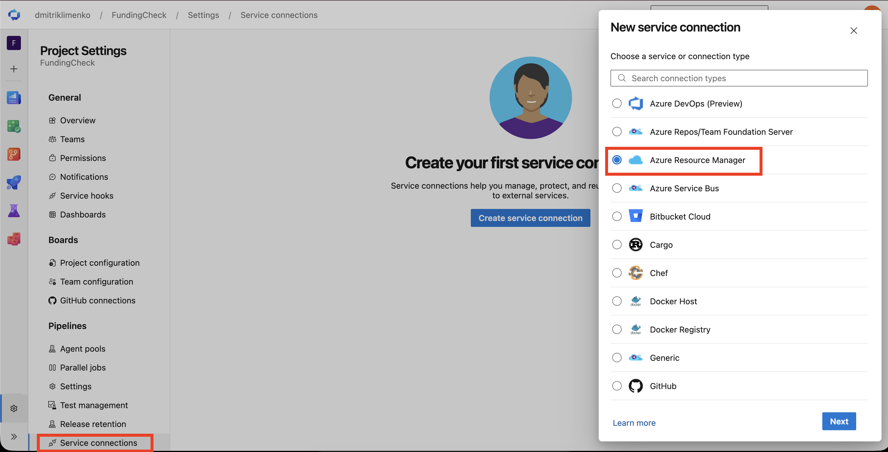 Azure DevOps Service connections page