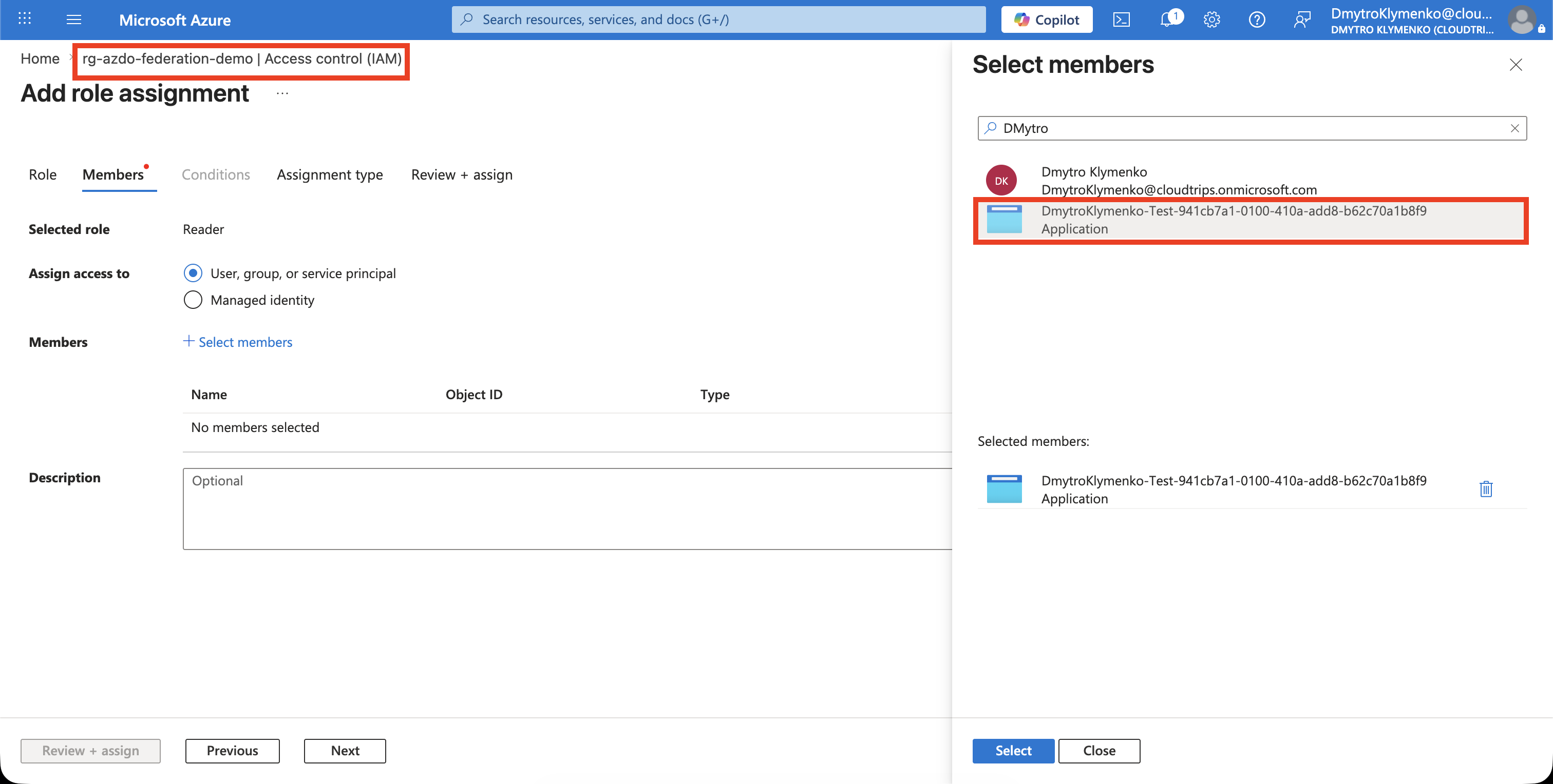 Reader role assigned to the Azure DevOps workload identity