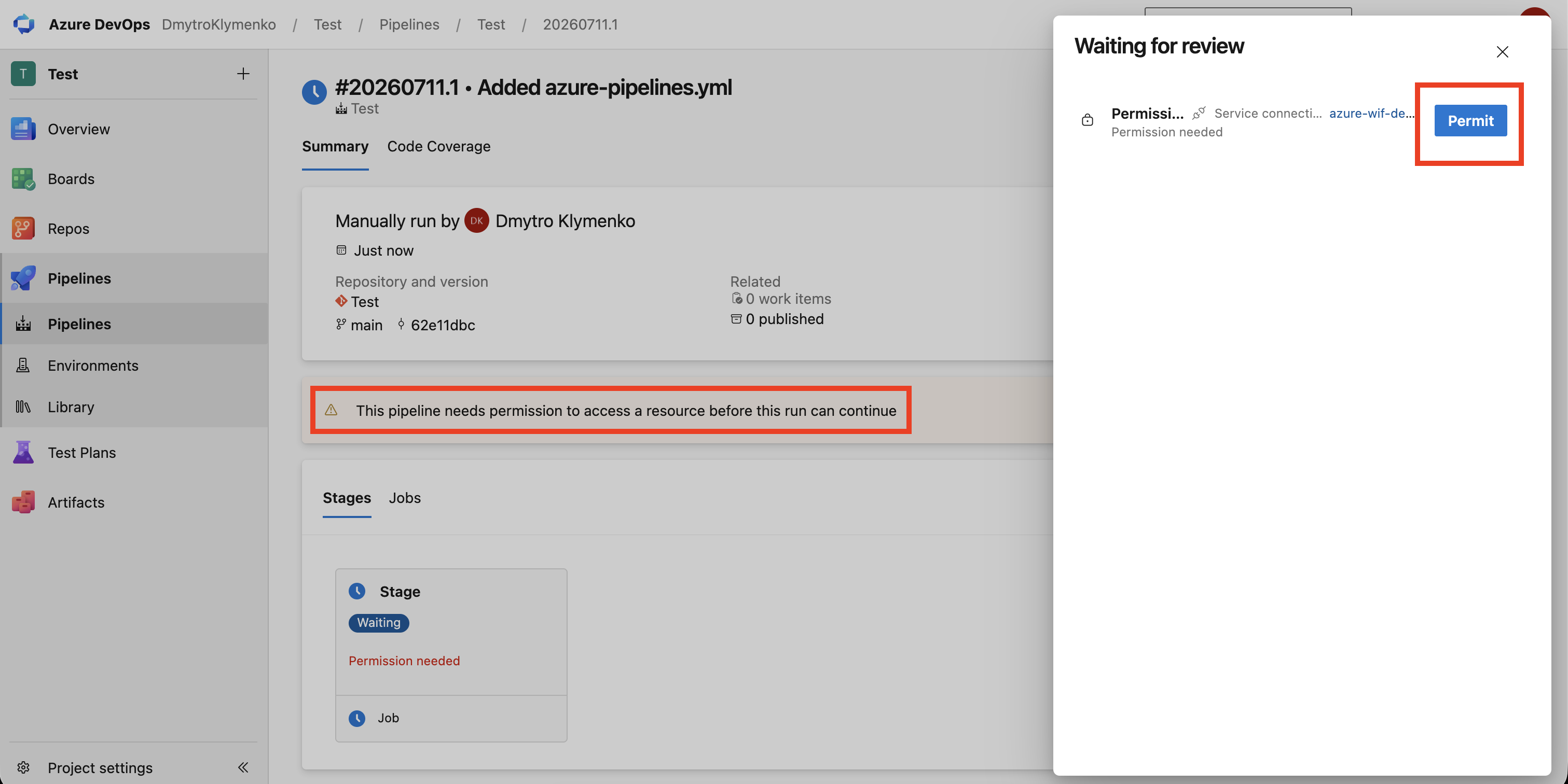 Pipeline permission prompt for the service connection