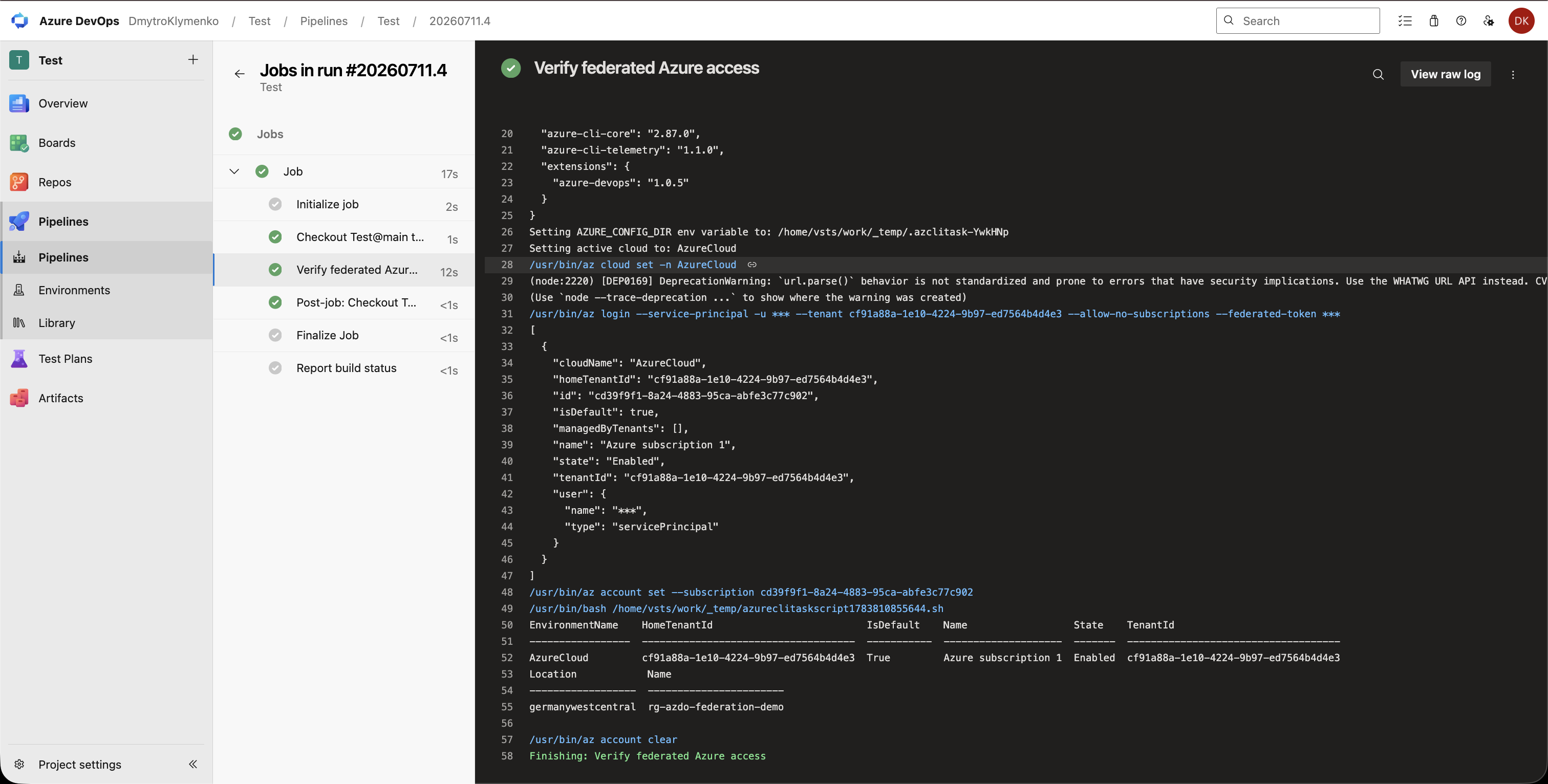 Successful Azure DevOps pipeline using federation