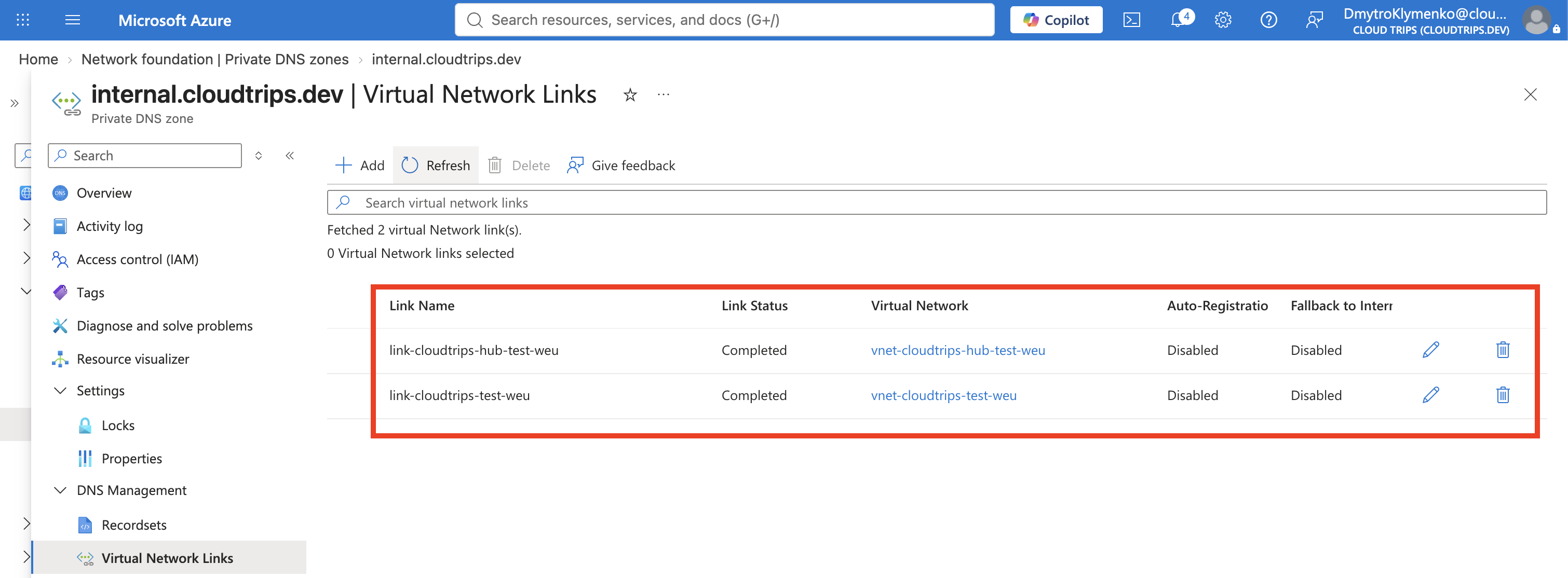 Private DNS zone linked to both the application VNet and the resolver hub VNet