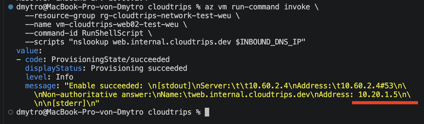 WEB02 resolving web.internal.cloudtrips.dev through the resolver inbound endpoint