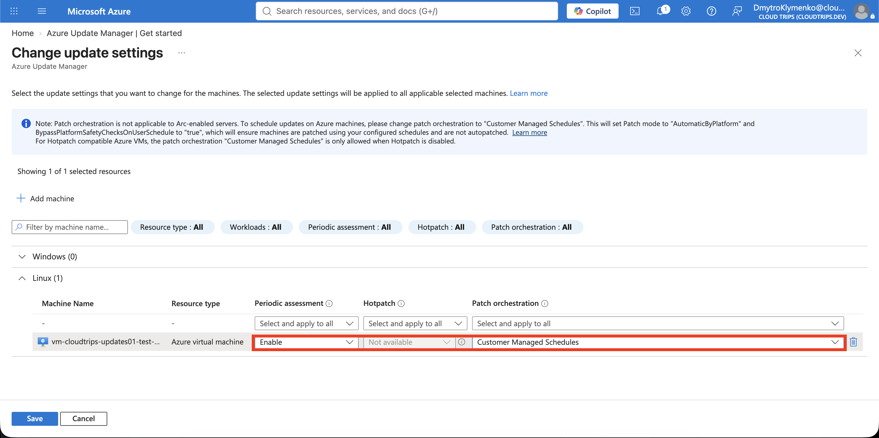 Azure-Update-Manager-Einstellungen mit aktivierter periodischer Bewertung und „Customer Managed Schedules“