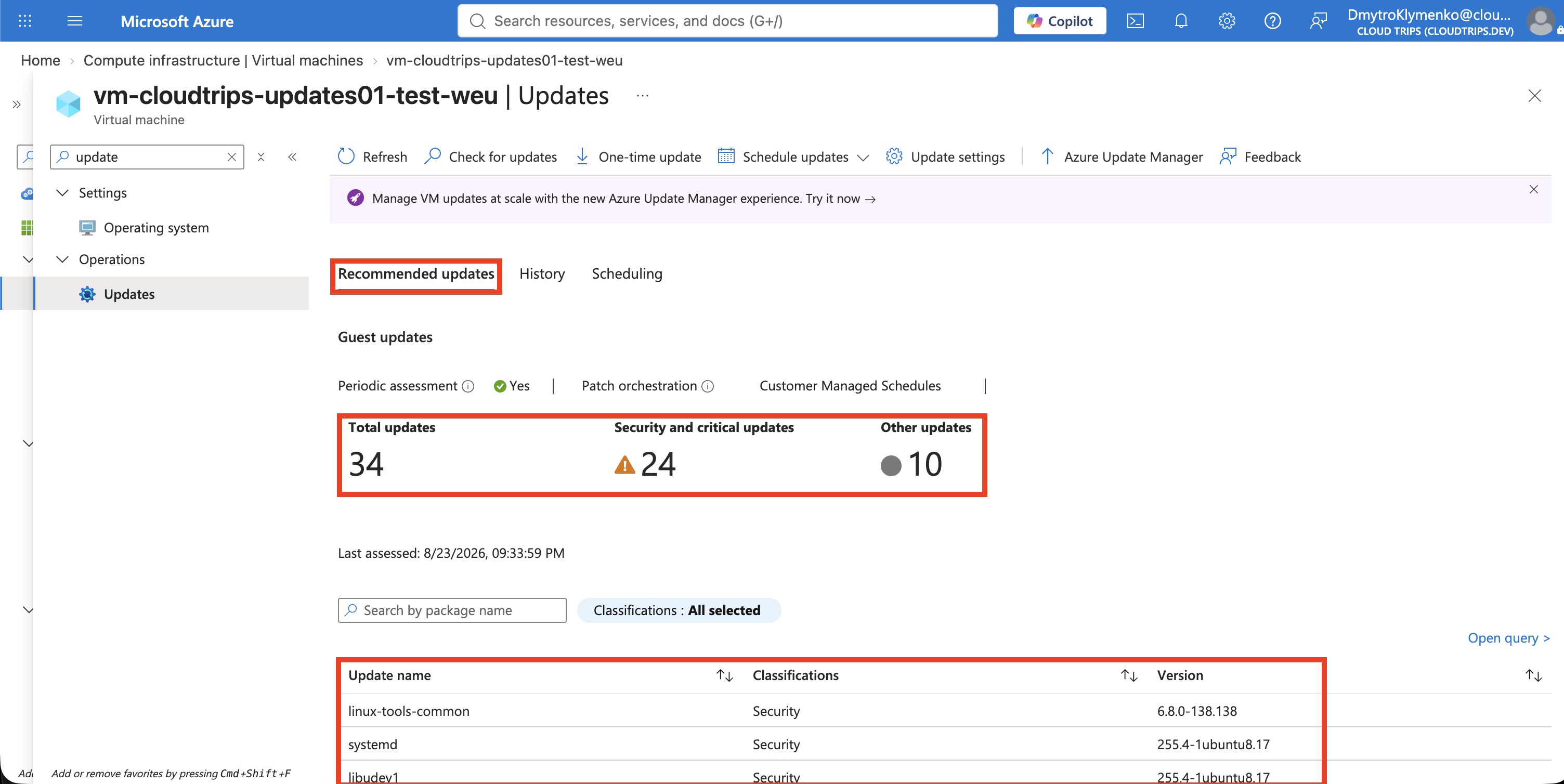 Maschinenbewertung in Azure Update Manager mit Updatestatus und verfügbaren Updateklassifizierungen