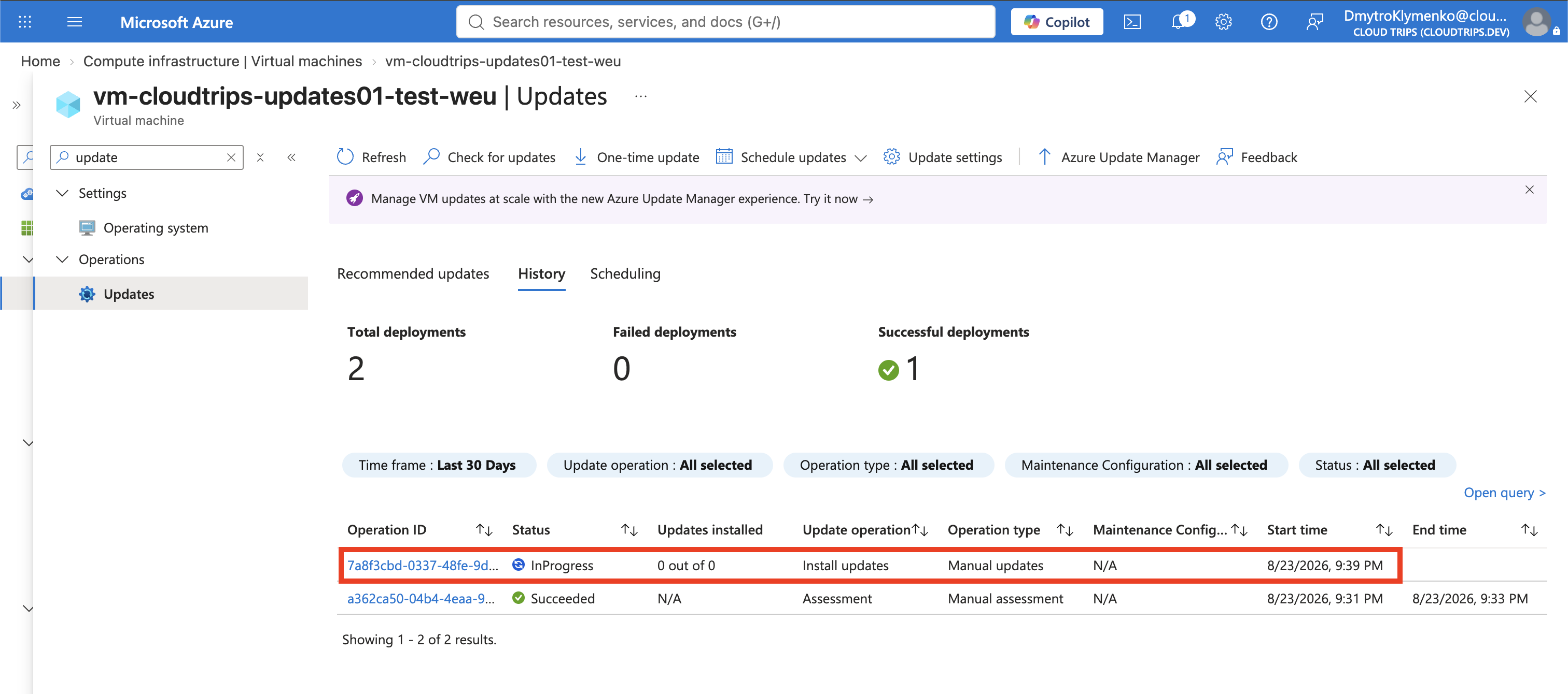 Azure Update Manager mit laufender einmaliger Updatebereitstellung