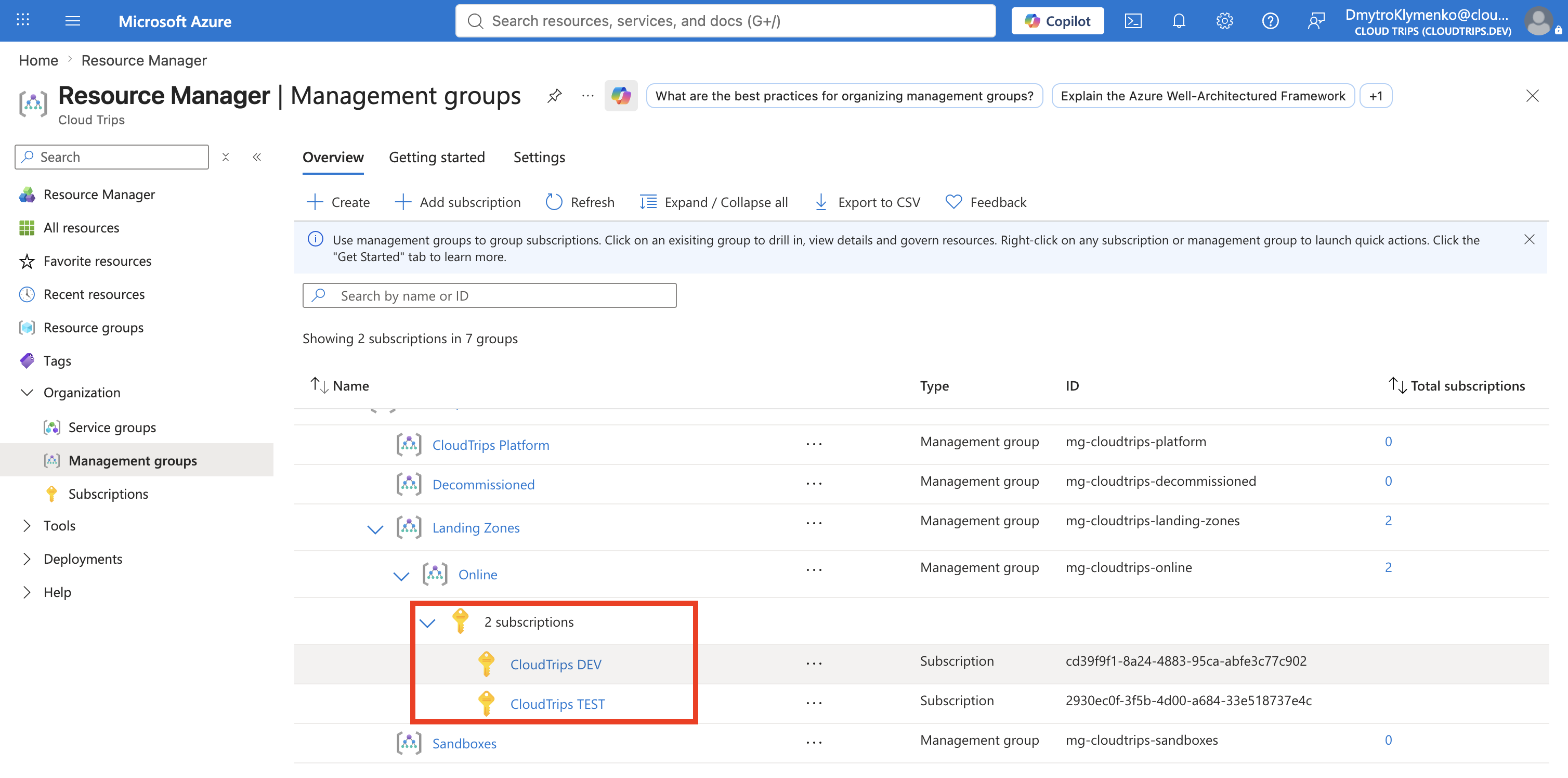 Online management group containing the CloudTrips landing-zone subscriptions