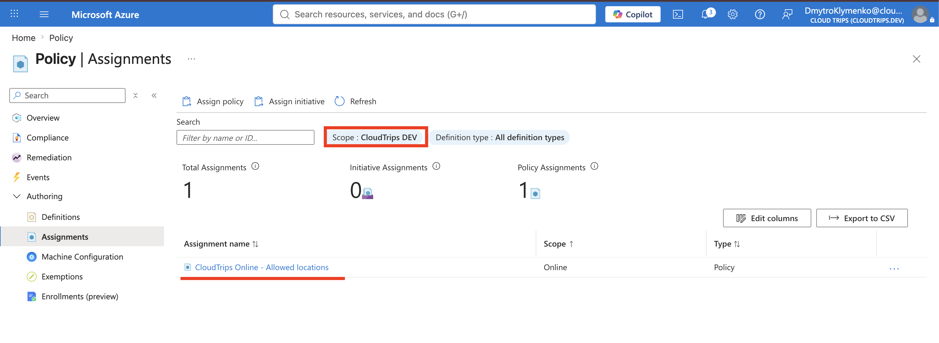 Allowed locations assignment inherited by a CloudTrips subscription from Online