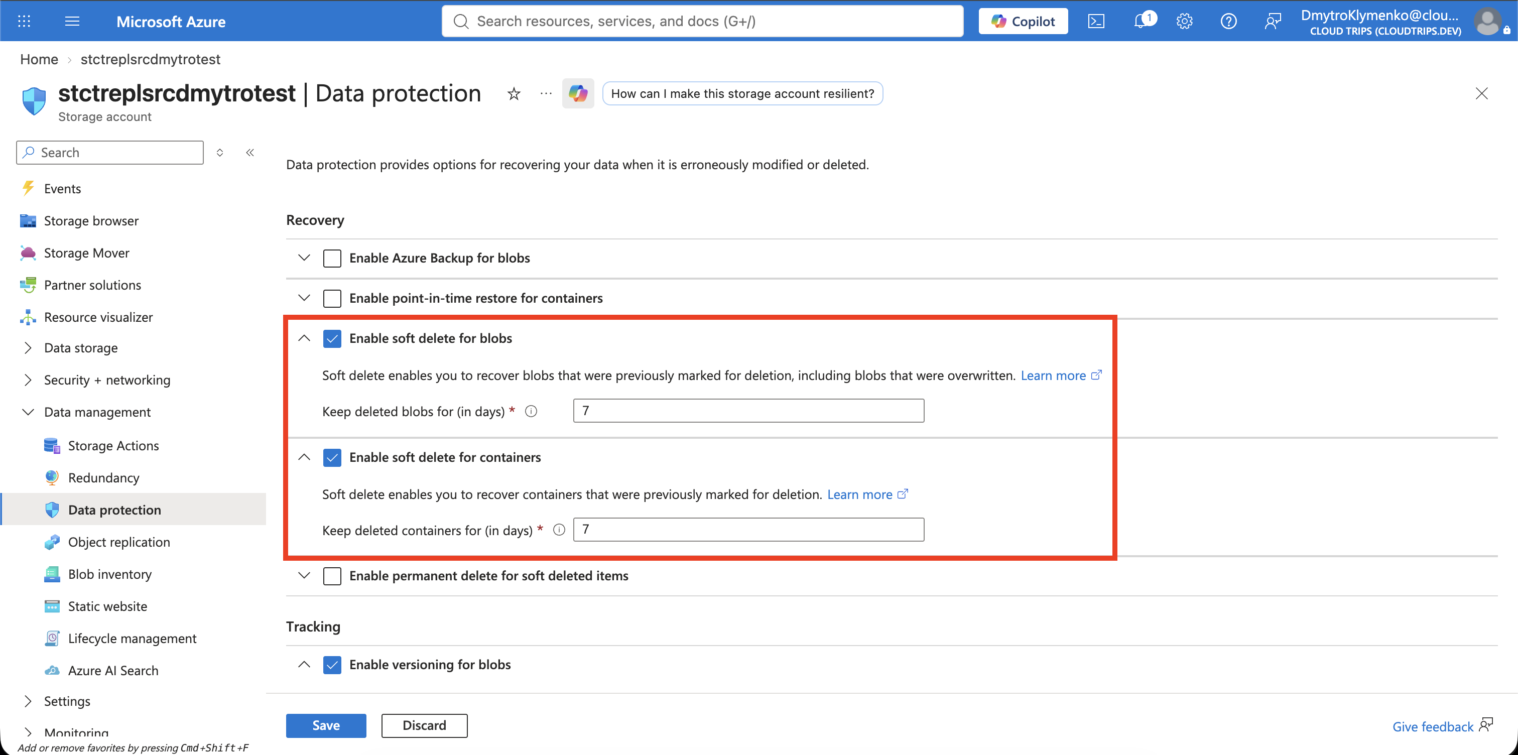 Source account Data protection page showing blob versioning and change feed enabled