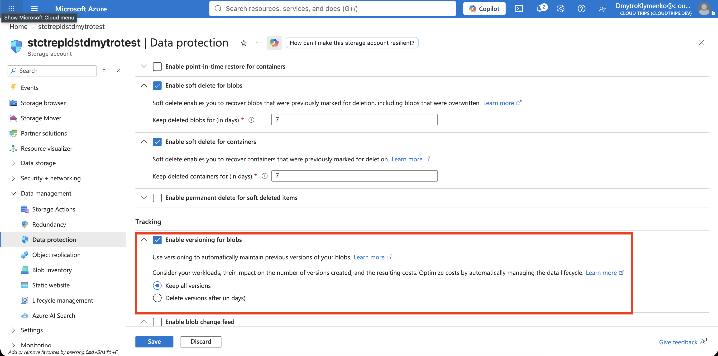 Destination account Data protection page showing blob versioning enabled