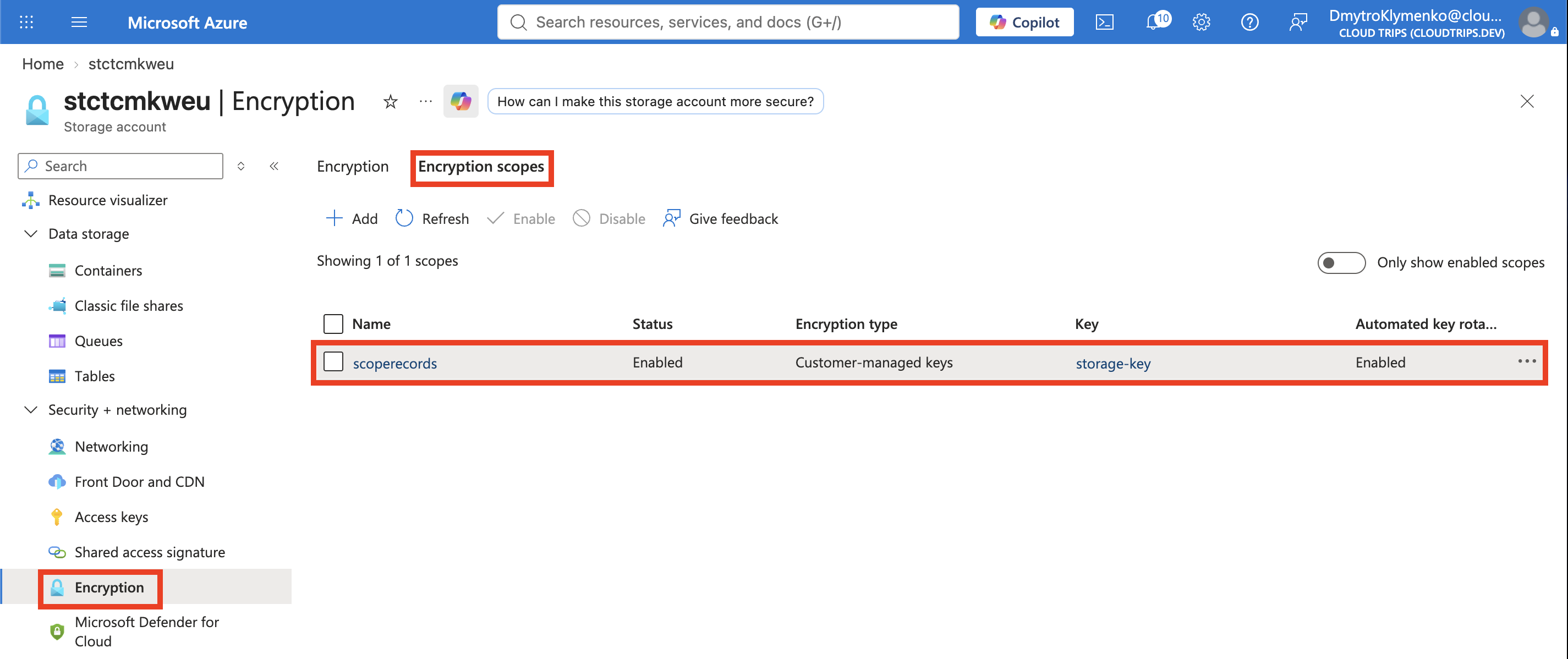 Enabled scoperecords encryption scope using the customer-managed key