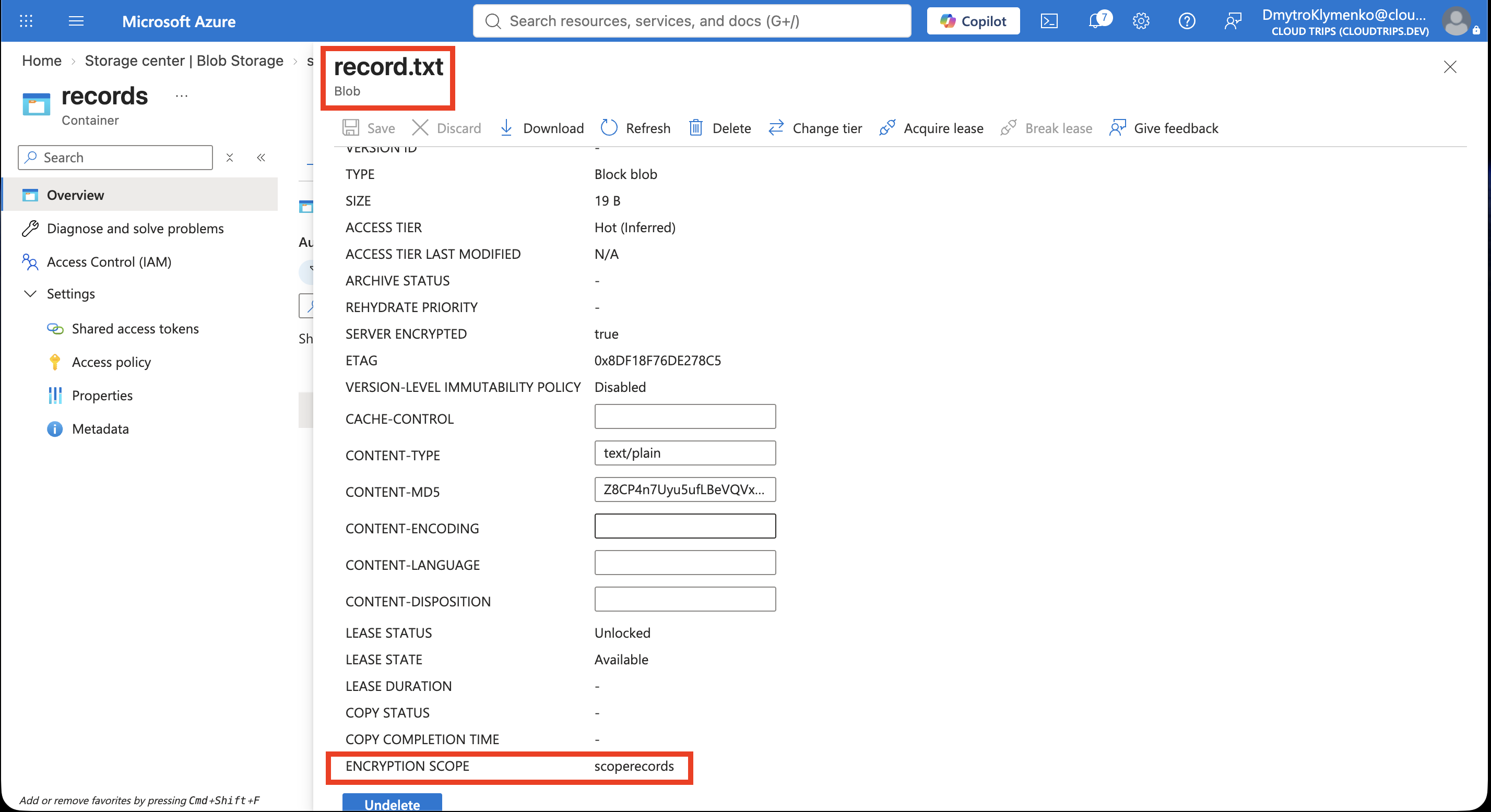 Properties of record.txt showing scoperecords as its encryption scope