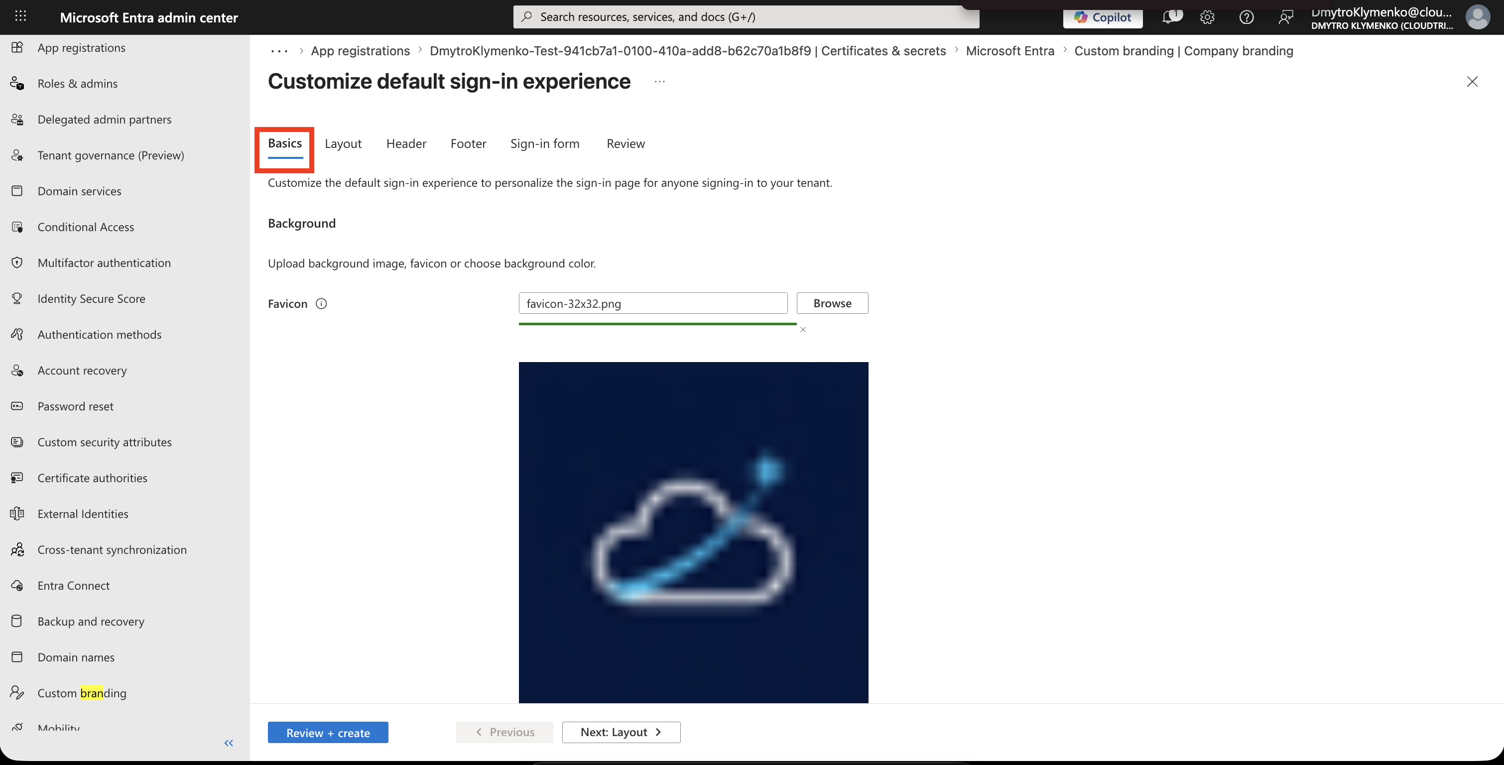 Company Branding Basics mit Favicon, Hintergrundbild und Hintergrundfarbe