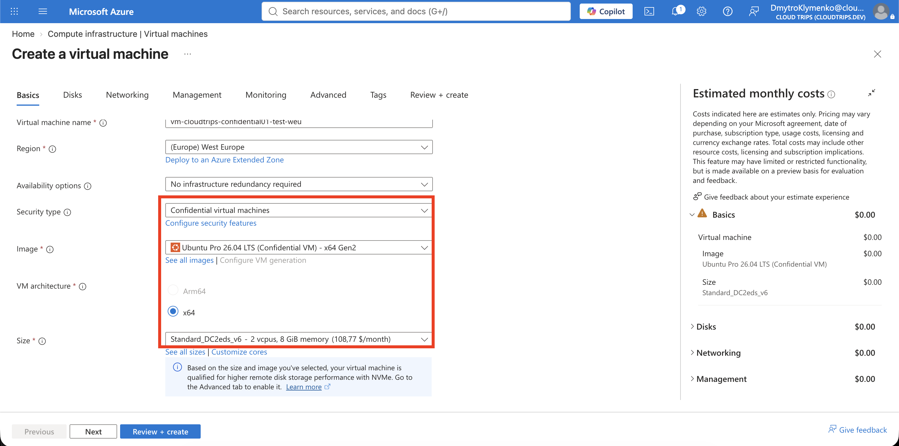 VM Basics tab showing Confidential virtual machines, a confidential Ubuntu image, and a supported DC-series size