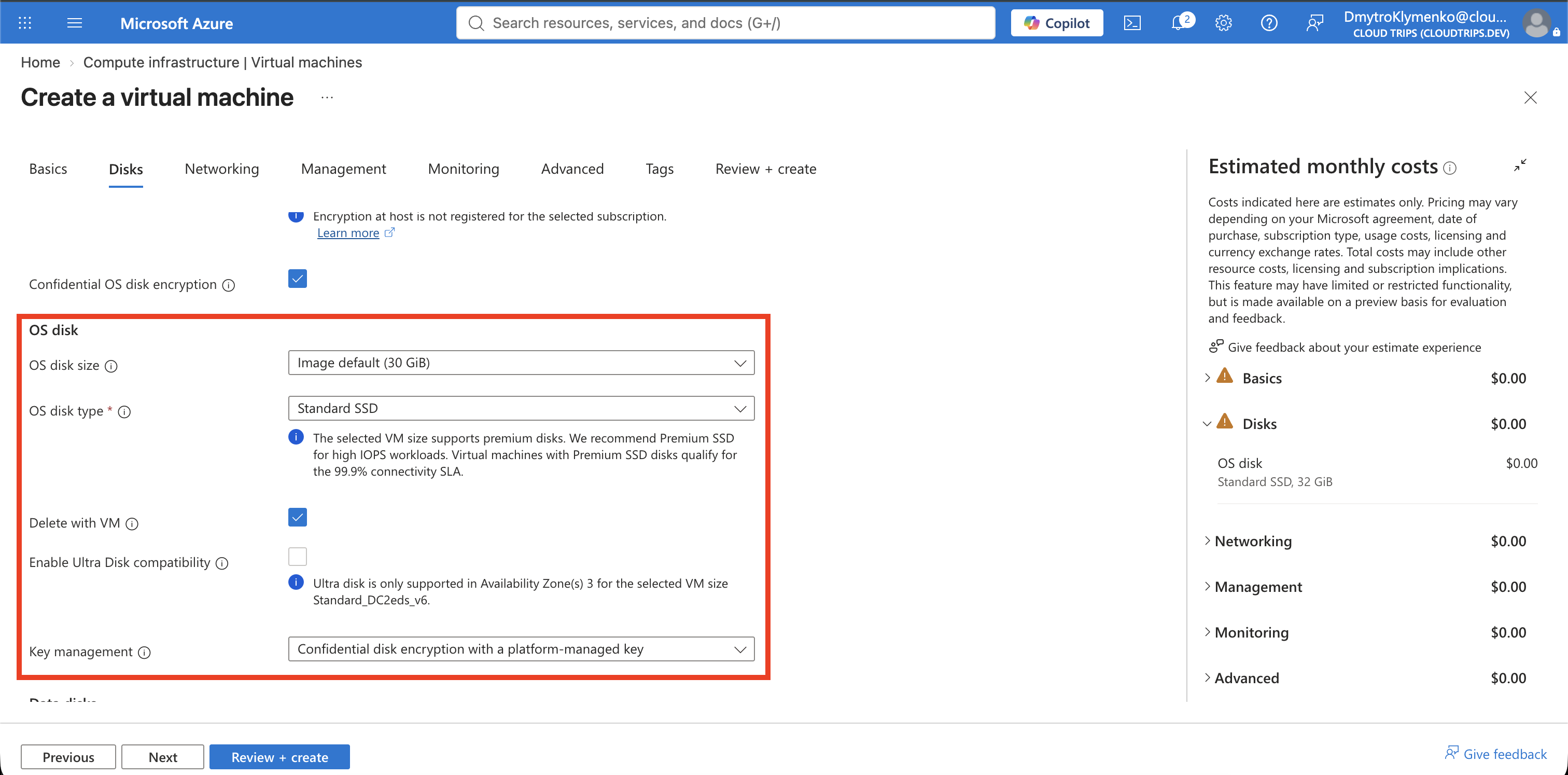 VM Disks or security configuration showing confidential OS-disk encryption with a platform-managed key