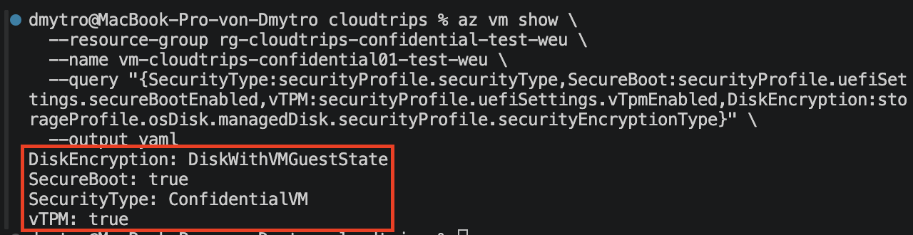 Confidential VM properties showing ConfidentialVM security type, Secure Boot, and vTPM enabled