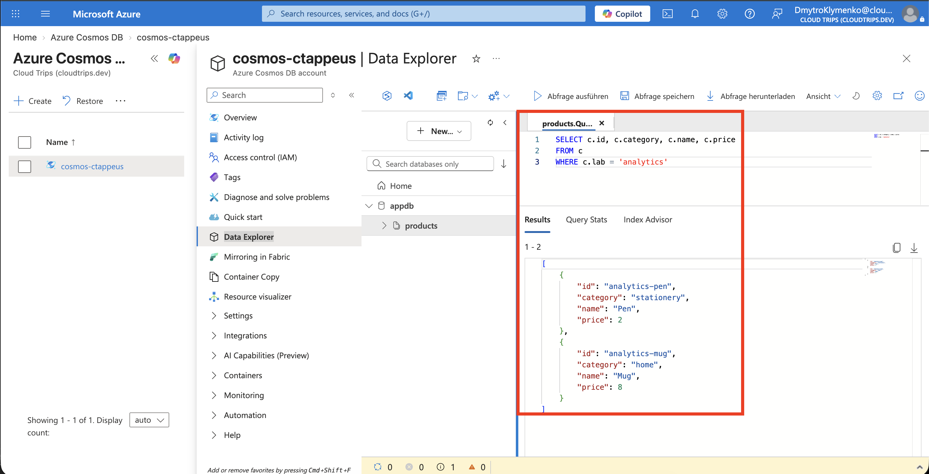 Cosmos Data Explorer summary showing productCount 2, averagePrice 5, lowestPrice 2, and highestPrice 8