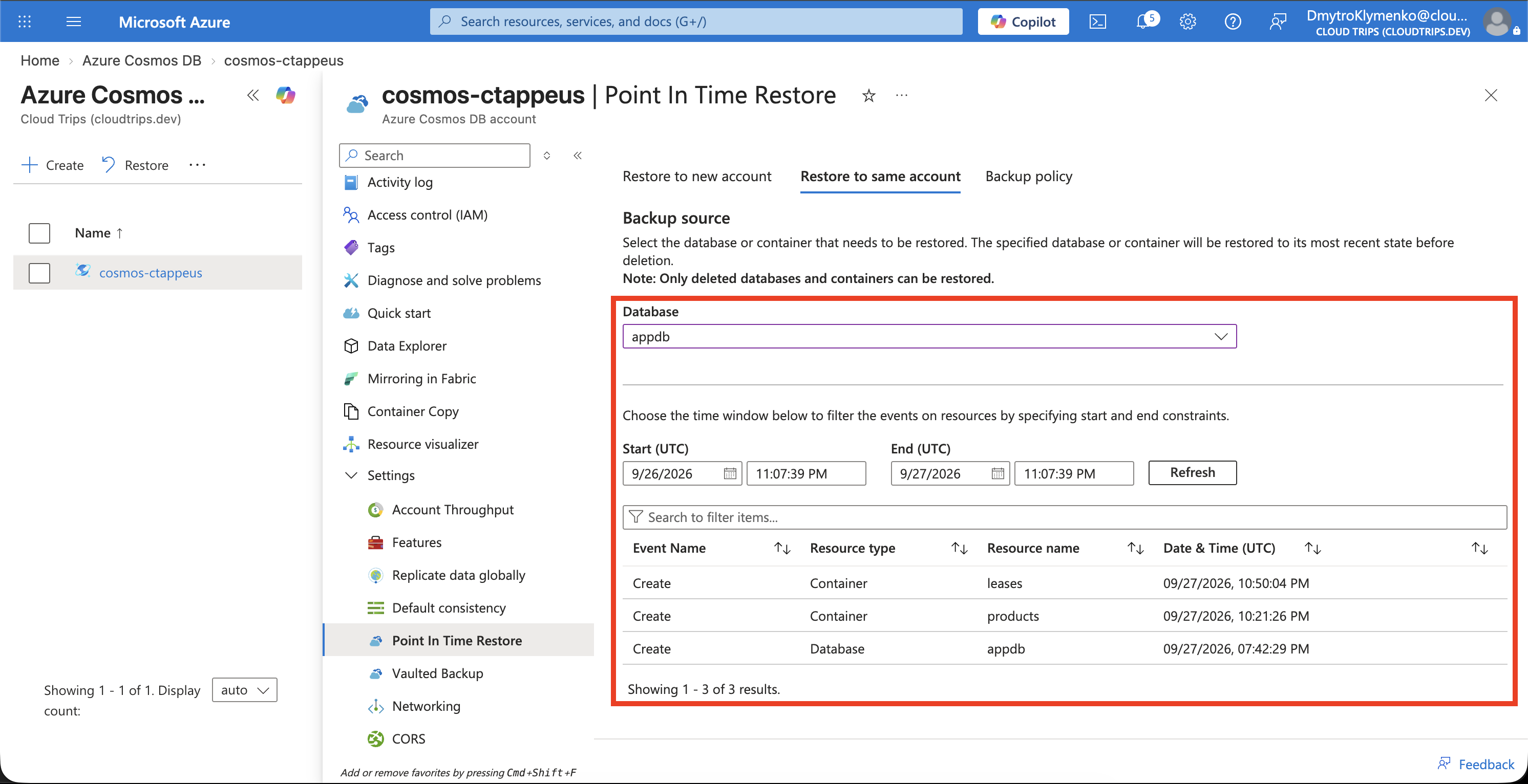Cosmos DB Point In Time Restore form showing the available UTC restore range and appdb/products selection