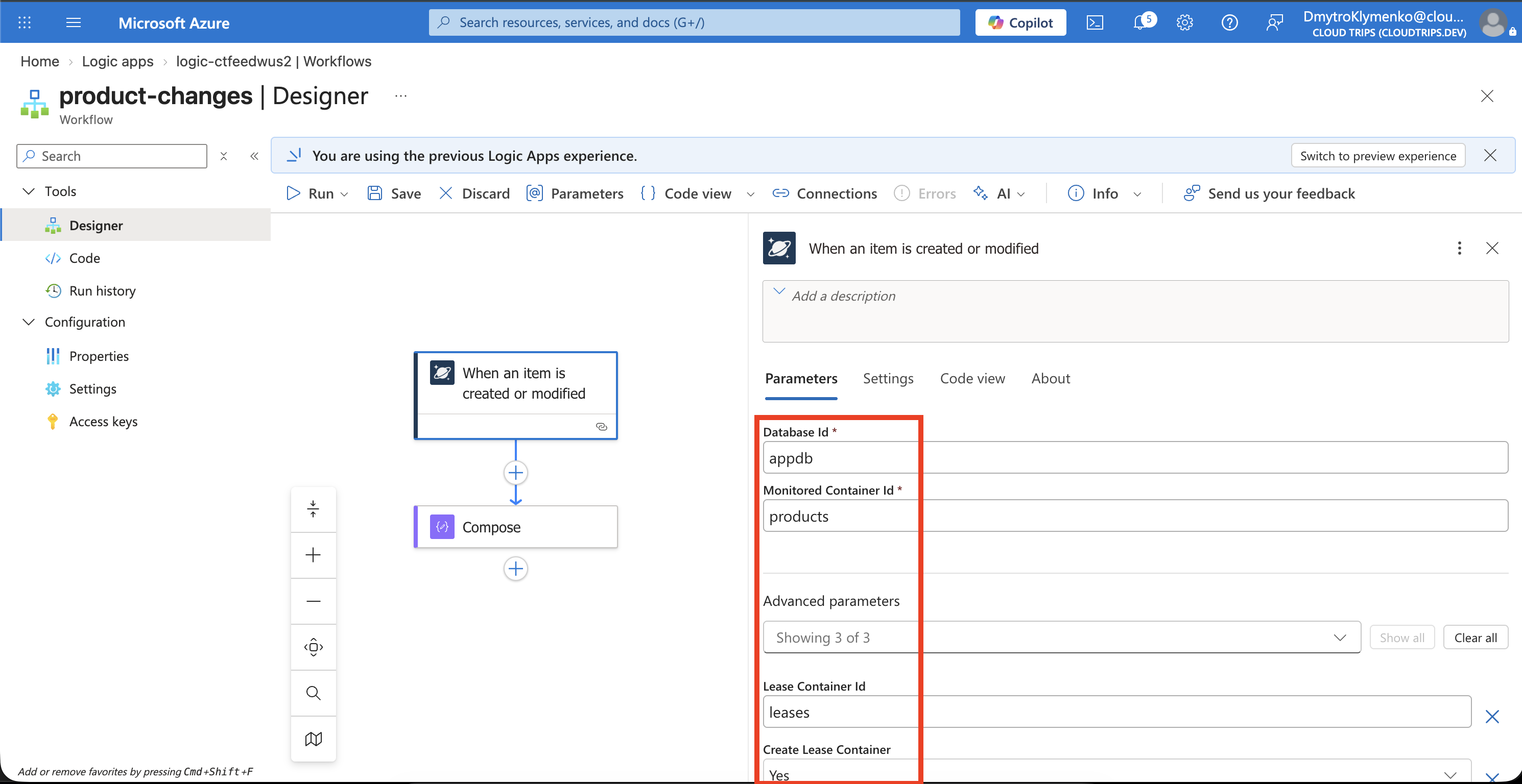 Logic Apps designer showing the Cosmos DB change-feed trigger configured for appdb/products and the leases container