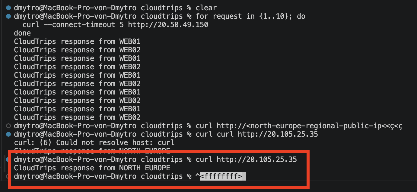 Regionaler Nordeuropa Load Balancer mit seinem gesunden privaten CloudTrips-Backend