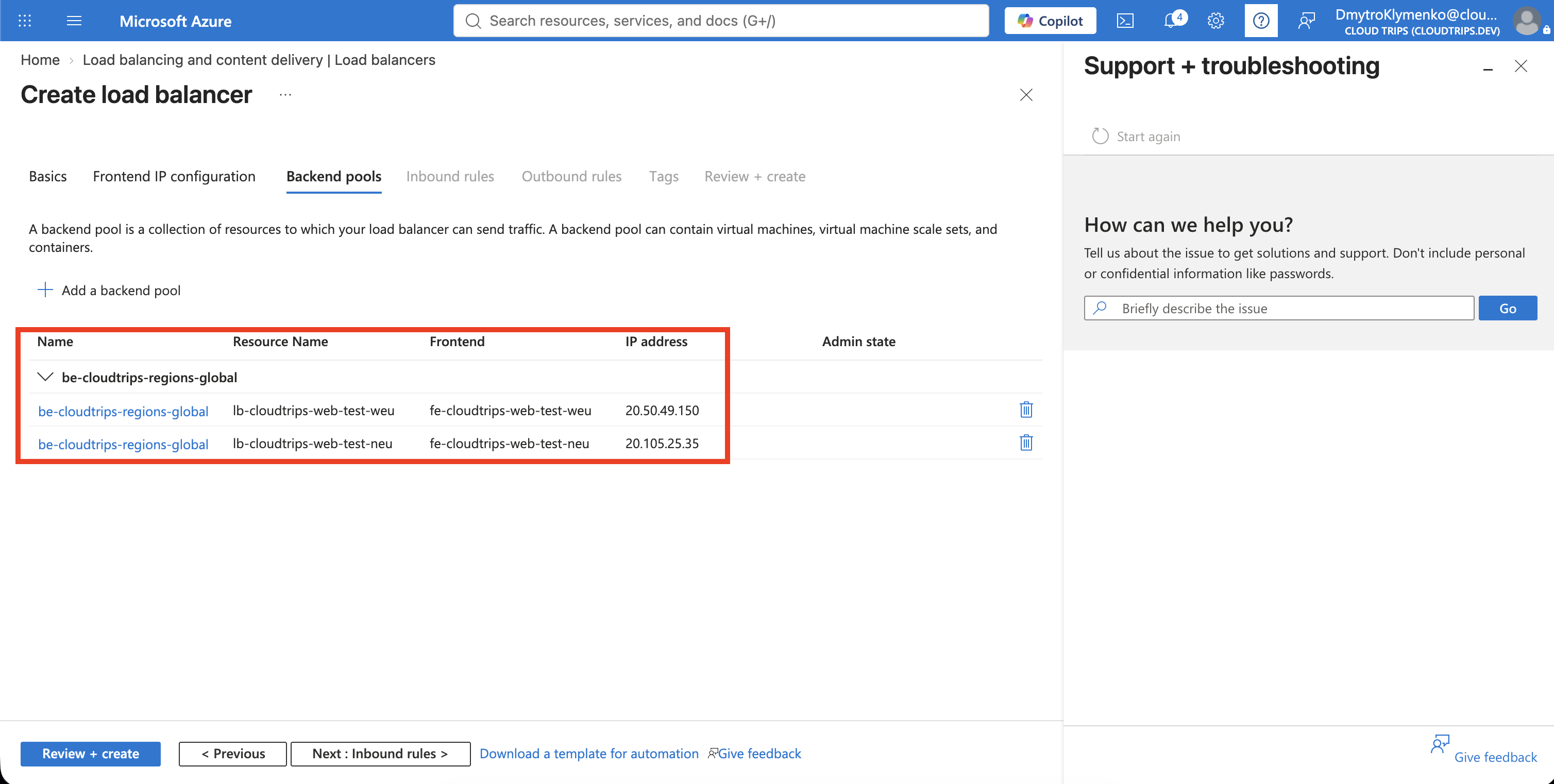 Backend Pool des Global Load Balancers mit den Frontend-Konfigurationen aus West- und Nordeuropa