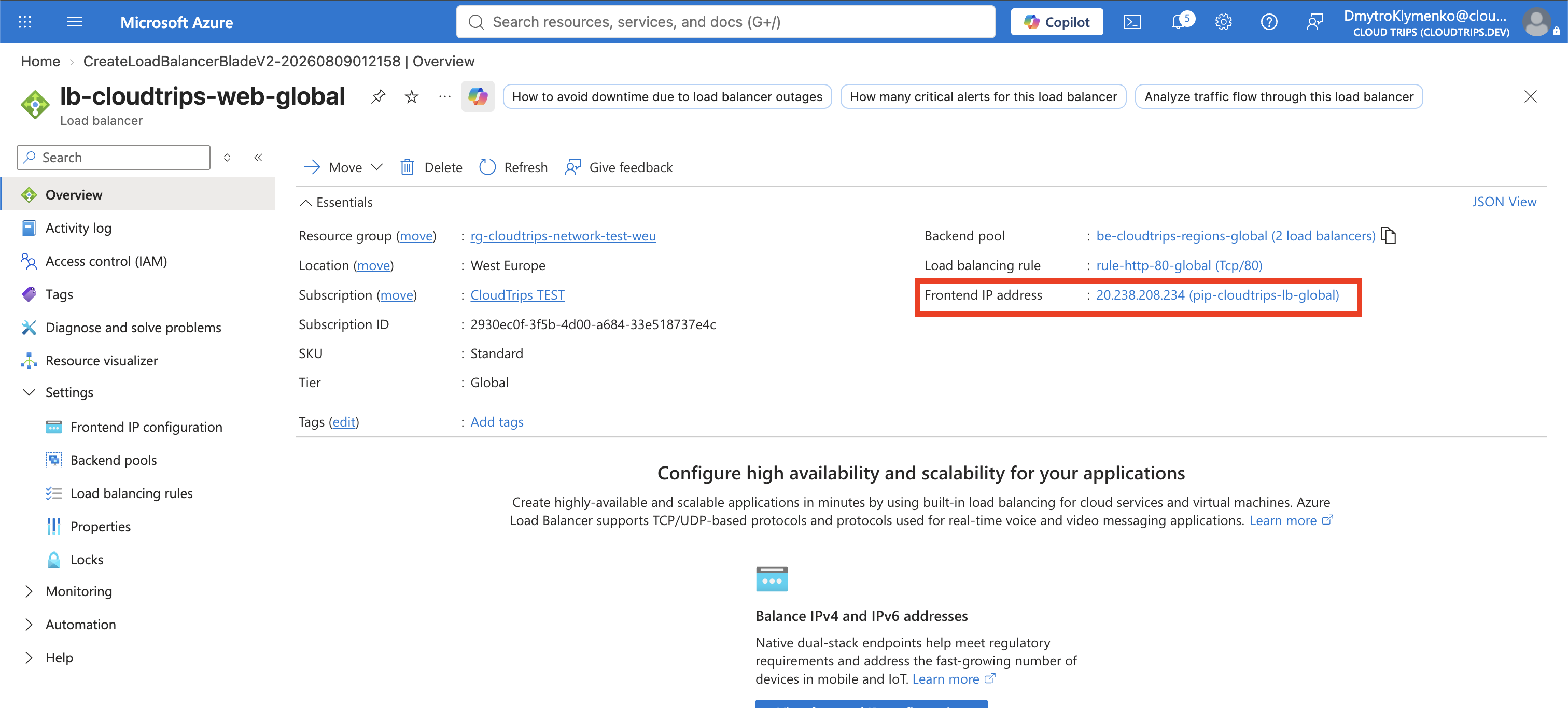 Übersicht des Global-Tier CloudTrips Load Balancers mit seiner statischen öffentlichen Frontend-IP