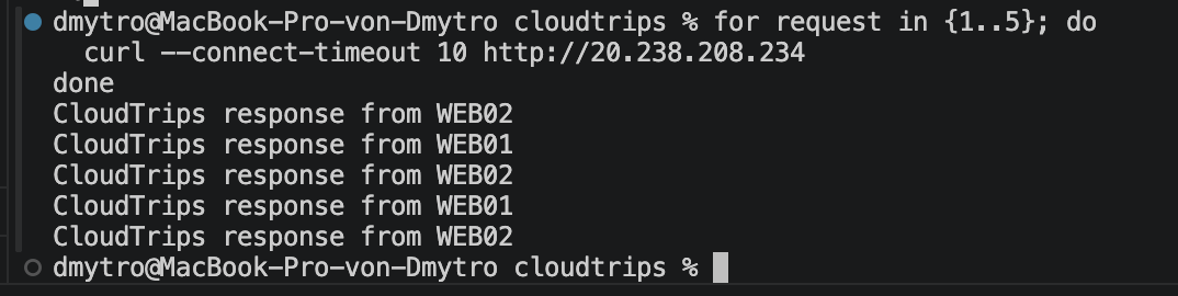 Lokales Terminal mit der globalen Load-Balancer-IP, die die nächstgelegene gesunde CloudTrips-Region erreicht