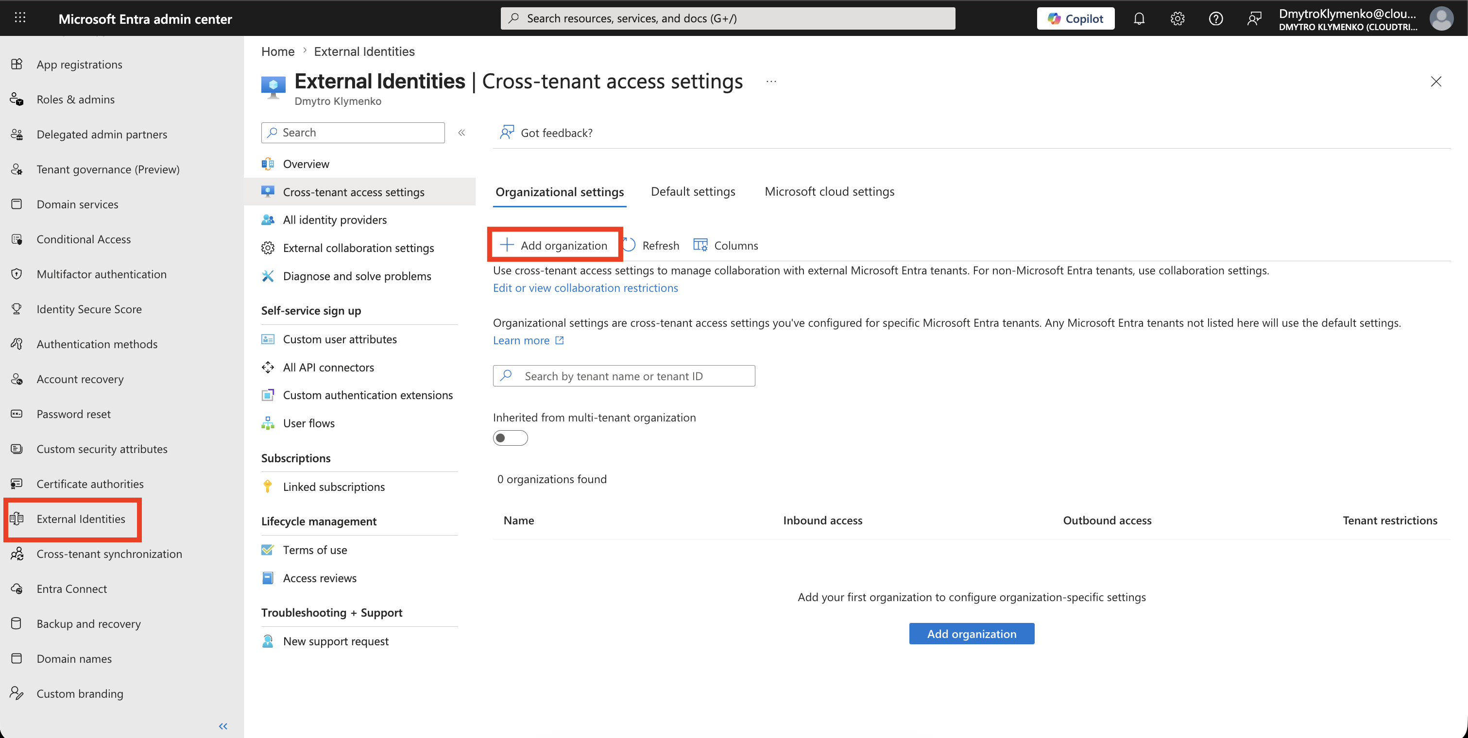 Microsoft Entra Cross-tenant access settings page with the Organizational settings tab open and Add organization visible